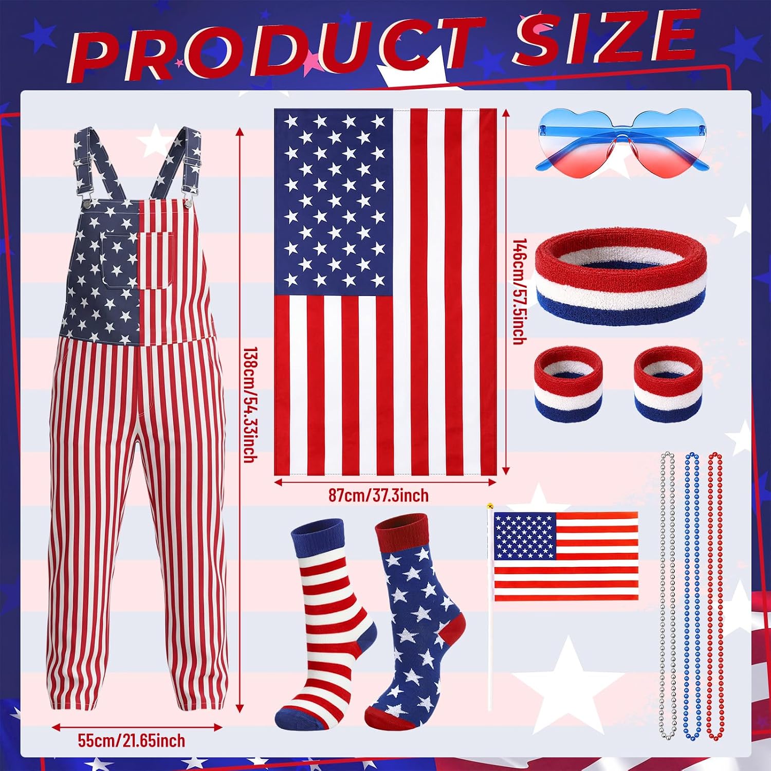 Yahenda 14 Pcs American Flag Costume Patriotic USA Overalls Adjustable Straps 4th of July Outfit Red White and Blue Accessories American Flag Overalls Cape Socks for Independence Day 250th Anniversary