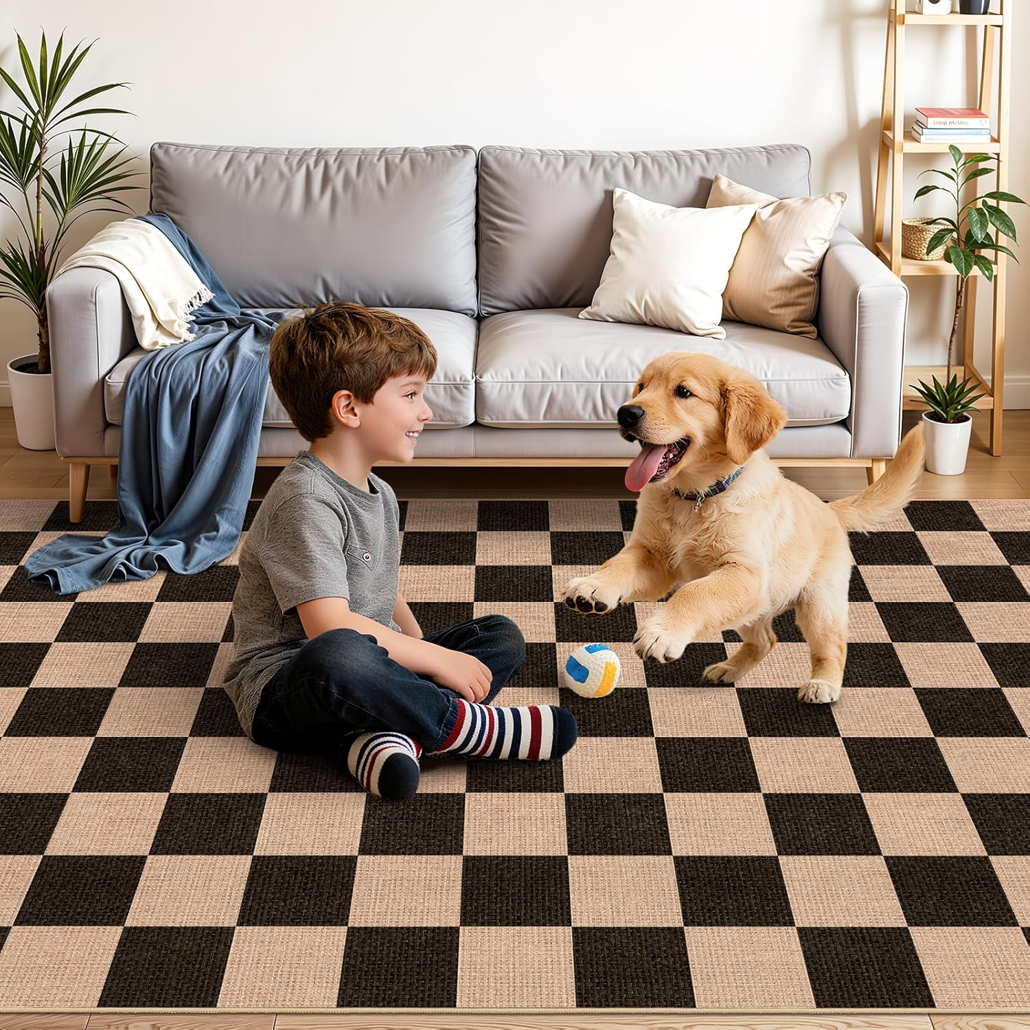 2x8 Checkered Runner Rug for Hallway: Washable Faux Jute Runners Indoor Farmhouse Style - Carpet with Non-Slip Backing - Non Slip Narrow Floor Runners for Entryway Kitchen Living Room (Black,2x8)