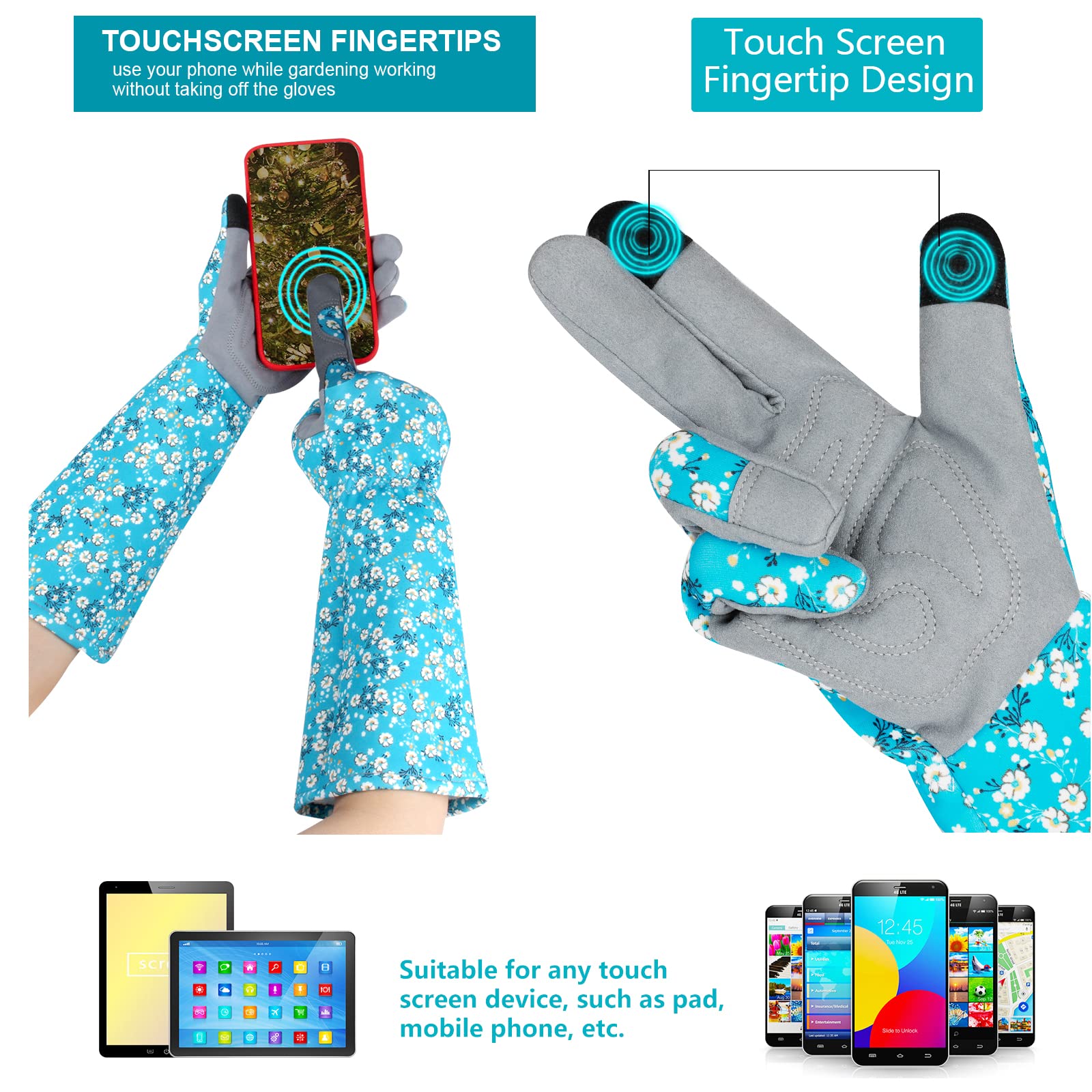 Gants de jardinage en cuir pour femme - Imprimé floral unique - Cadeau de fête des mères - Gants de travail résistants aux épines - Design d'écran tactile - Gants de travail robustes à motif