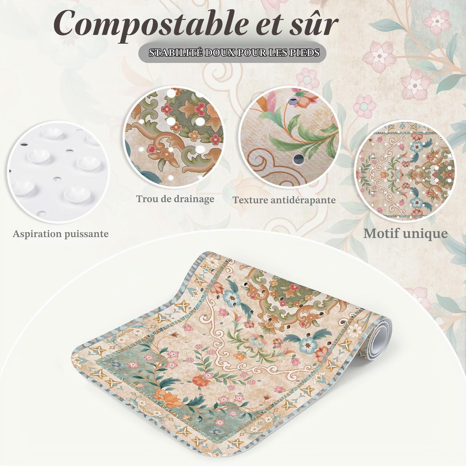 SHUCHING Tapis de Baignoire Antidérapant Boho Beige 100 X 40 cm | Tapis de Bain Antidérapant, Tapis de Douche Lavable en Machine et Anti Moisissure