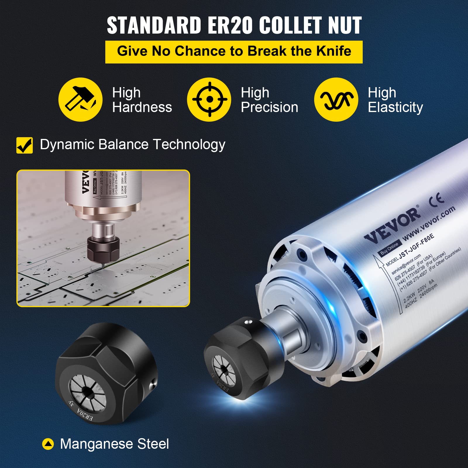 Motor Husillo VEVOR 2.2 KW 220V, Alta Velocidad 24,000 RPM, Refrigerado por Aire, Cono ER20, Frecuencia 400 Hz, Ideal para Fresado y Grabado