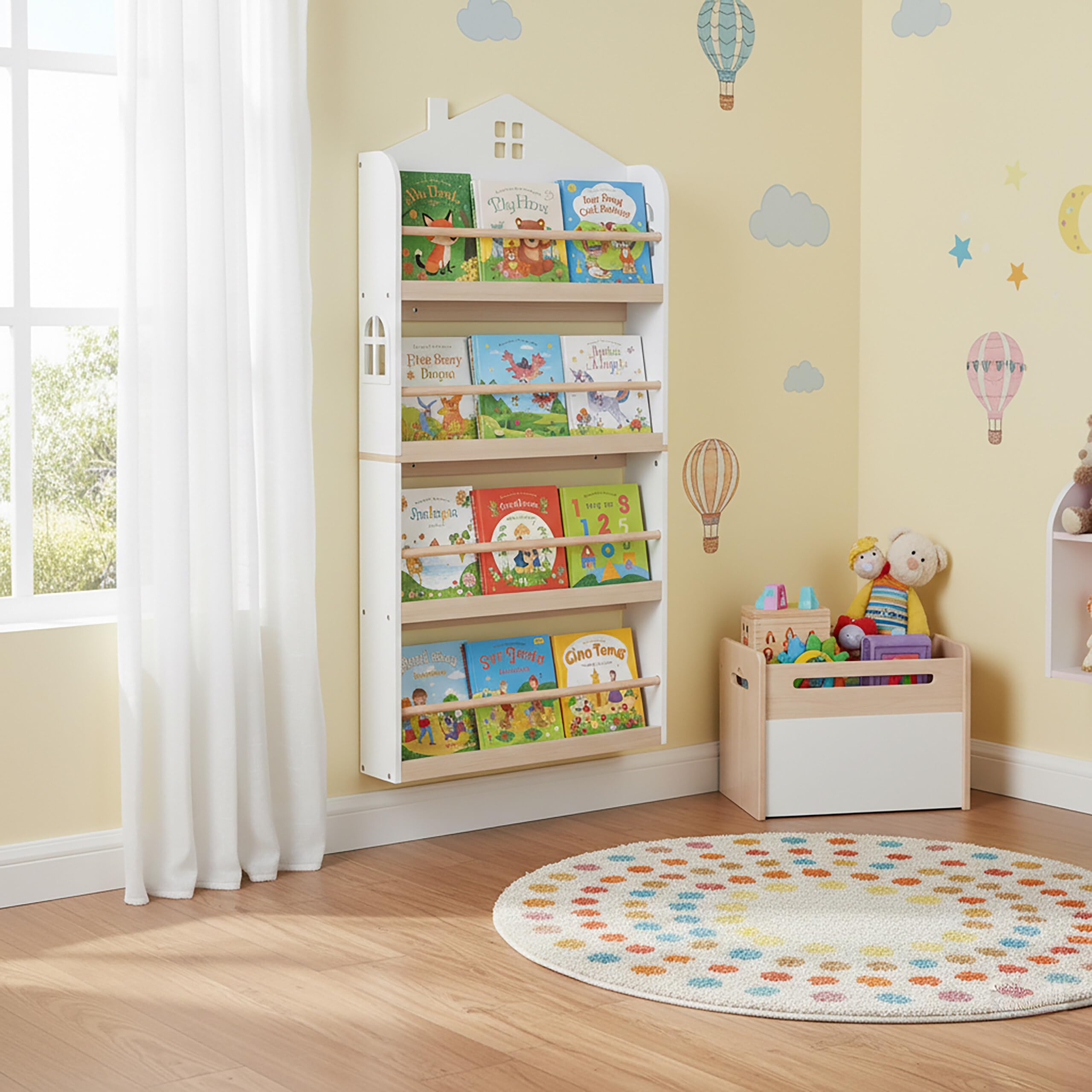 Relaxdays Étagère Livres Murale Enfants 4 Compartiments, Maison, Blanc/Naturel 130x60x15 cm