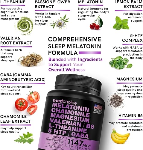 Miniatura 3 de MEDCHOICE Melatonina 10 en 1 6 mg ayuda natural para dormir, suplemento para dormir con L teanina, 5 HTP, GABA, raíz de valeriana, manzanilla,