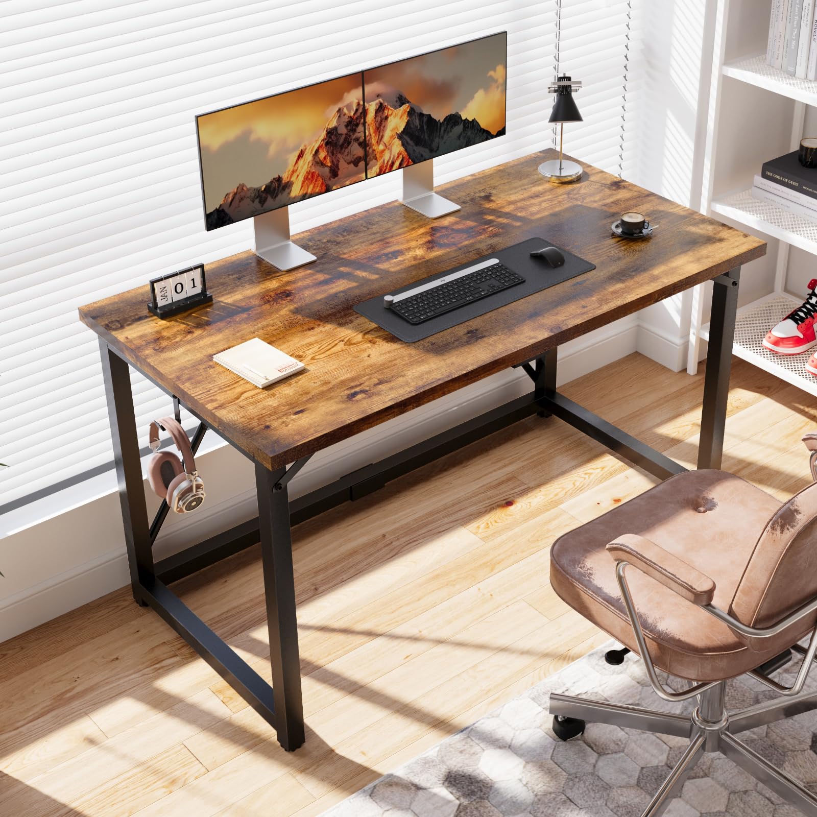 Devoko Schreibtisch Tisch 120x50x75 cm Computertisch Klein | Schreibtisch klein mit verstellbaren Füßen & Haken,60 kg Tragkraft für Homeoffice-Arbeitsflächen,Braun