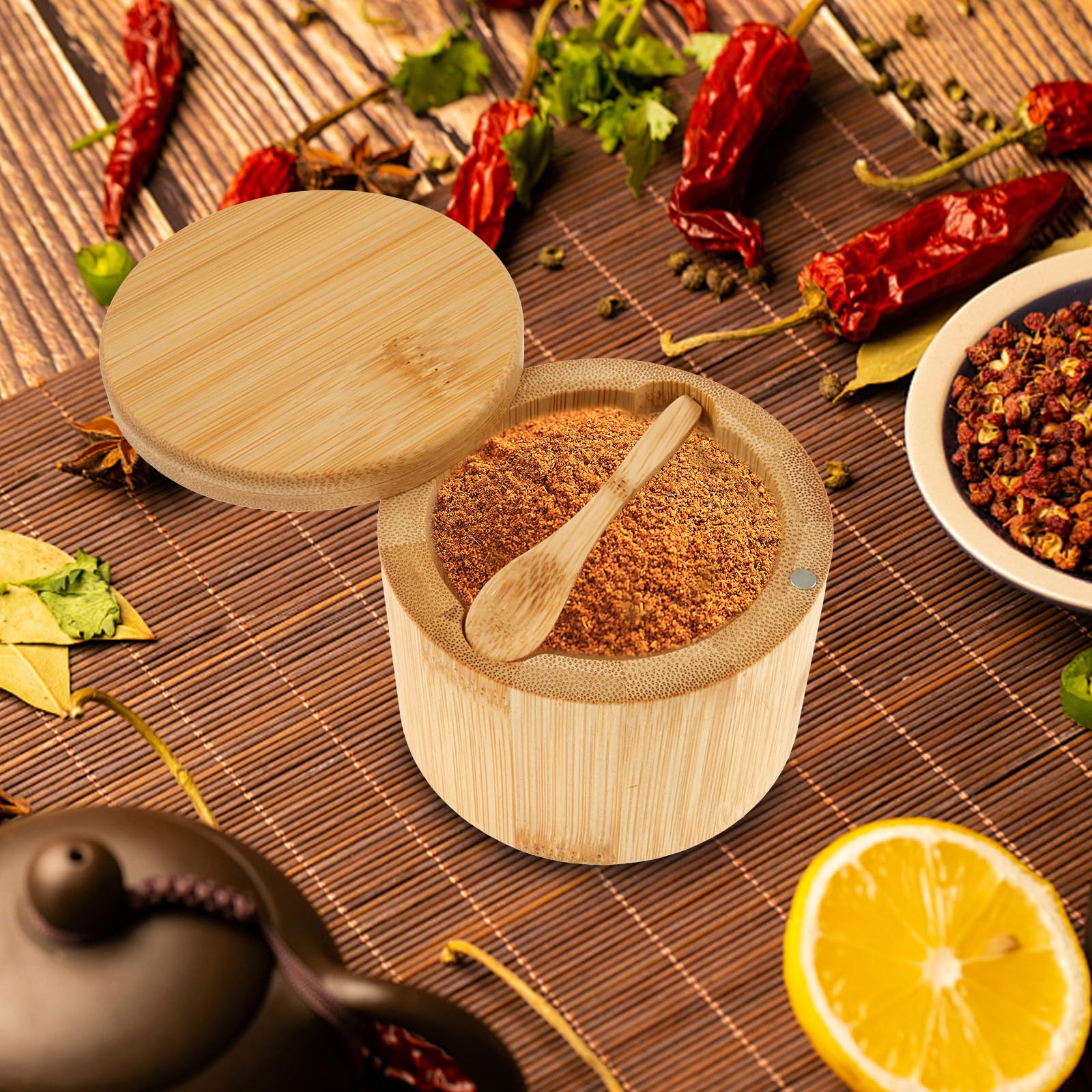 2 cuencos de bambú para sal y pimienta, caja de especias de bambú con tapa giratoria y cuchara integrada, contenedor redondo de sal para encimera, caja de almacenamiento de sal para almacenar pimienta