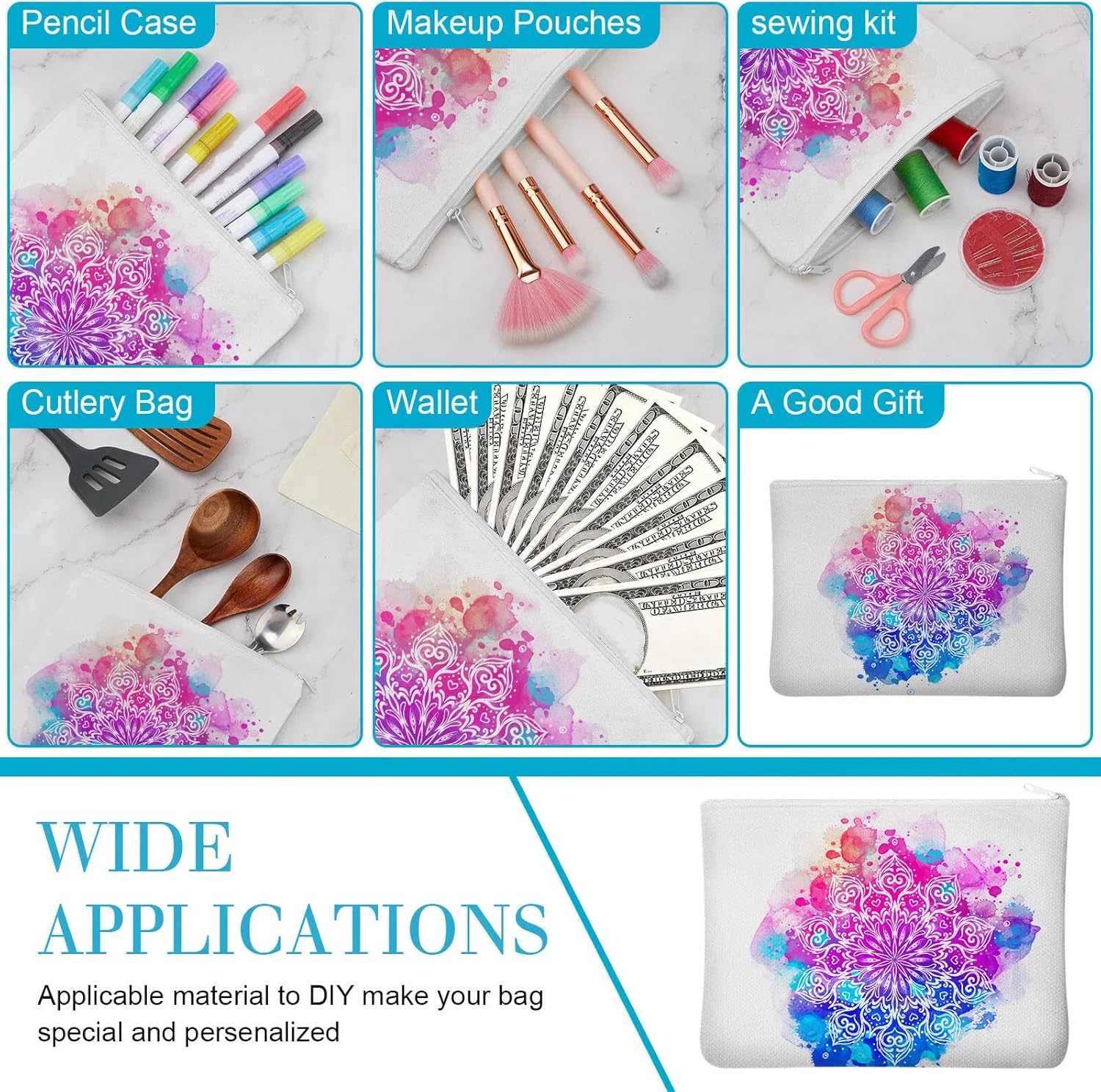 Frienda 50 Pcs Sublimation Blank Canvas Makeup Bags Bulk DIY Heat Transfer Canvas Pen Case Pencil Cosmetic Makeup Bags Clear Sublimation Blank Pouch with Zipper (7.87 x 5.7 Inch,White) - Image 4