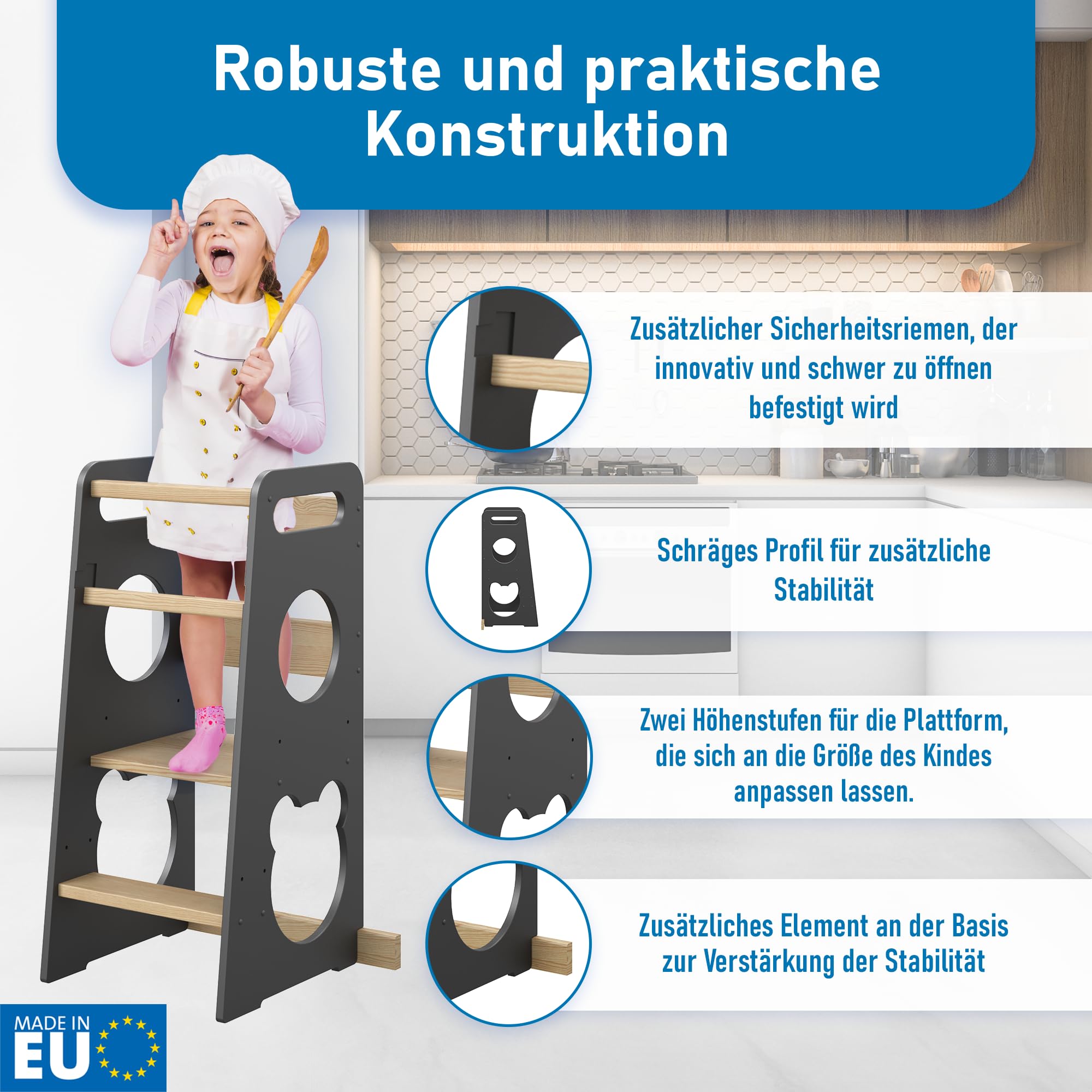 Lernturm für Kinder - Stylisch Mit Kippschutz und Höhenverstellbar - Montessori Küchenhelfer und Learning Tower | Ab 1 Jahr | Little Helper
