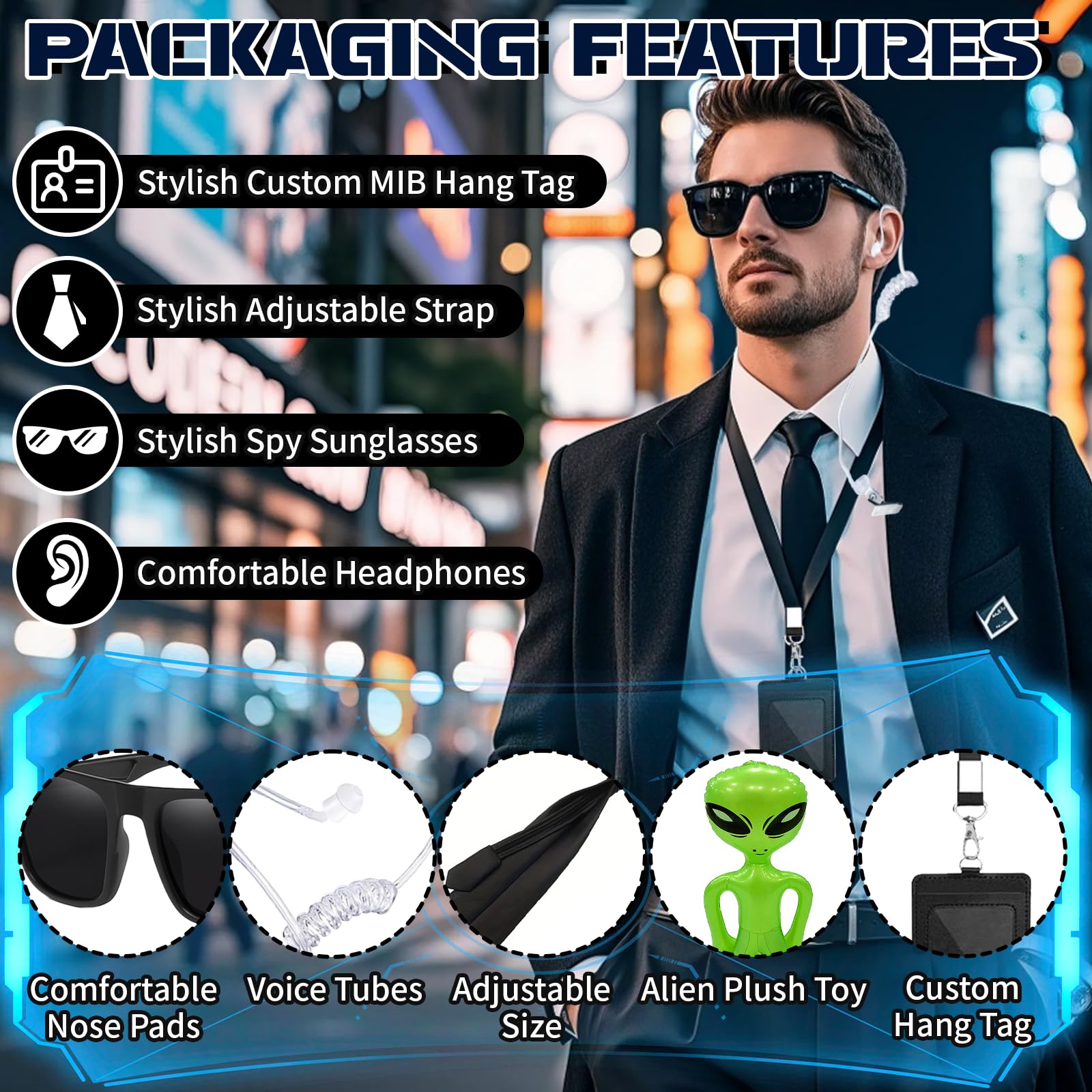 Xerteam 6-Piece Men in Black Costume Accessories, Agent Costume Spy Set including Tie, Sunglasses, Fake Earpiece, Ring - Image 4