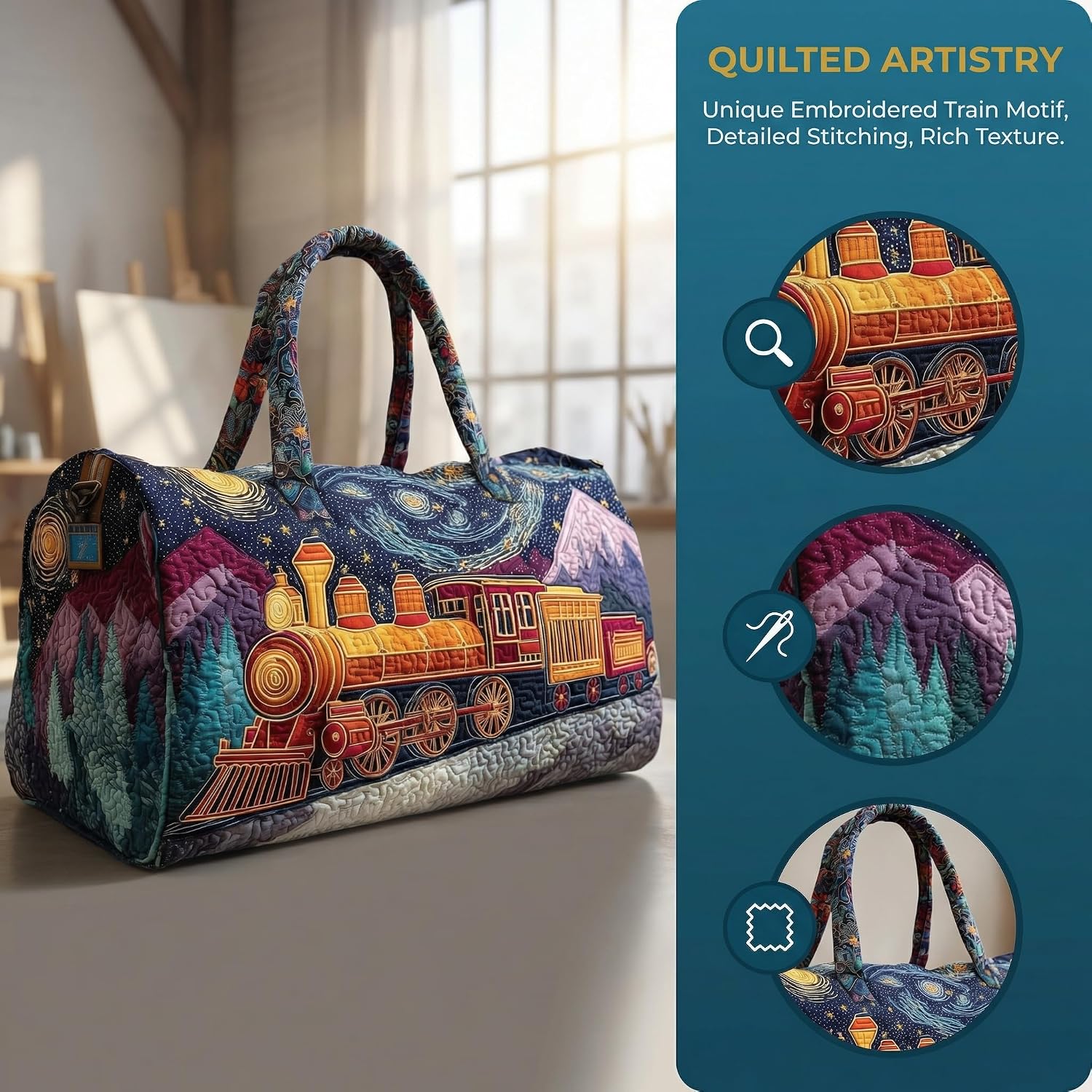Hippie Quilted Duffel Bag Boho Vintage Hippie Journey Quilted Duffle Bag Travel Weekend Overnight Bag Carry on Luggage Gym Yoga Bag Tote (Style 5, 18" L x 9" W x 9" H)