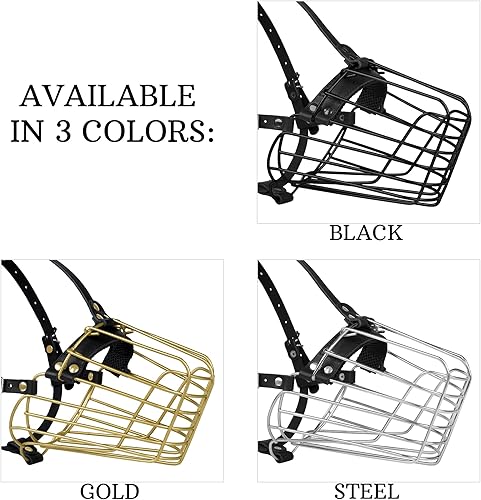 Miniatura 3 de Bozal de perro de pastor alemán, cesta de metal para perros medianos y grandes, correas de cuero ajustables y duraderas, máscara de alambre segura