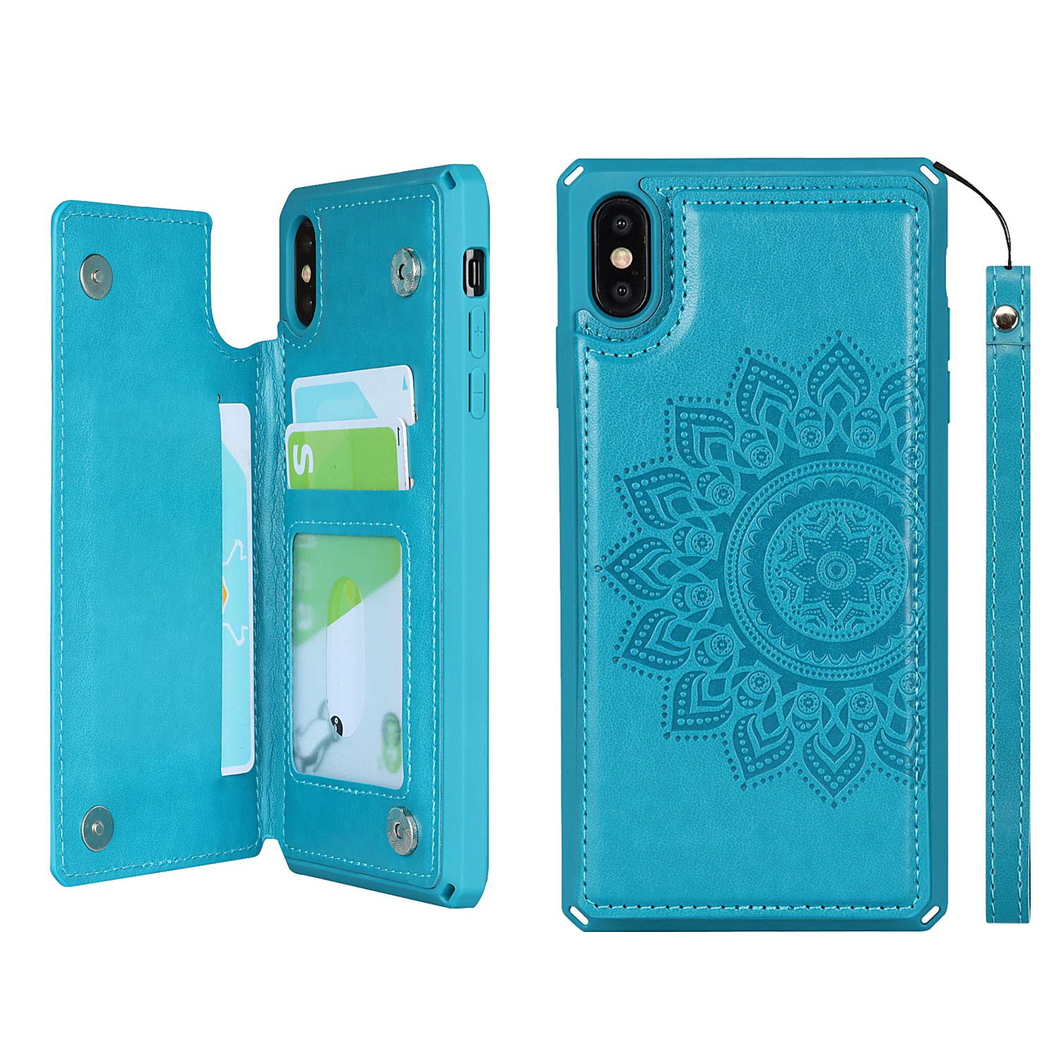 CAVORiPhone XR Embossed Mandala Pattern Flower PU Leather Wallet Phone Case Cover with Card Holder Shockproof - Blue