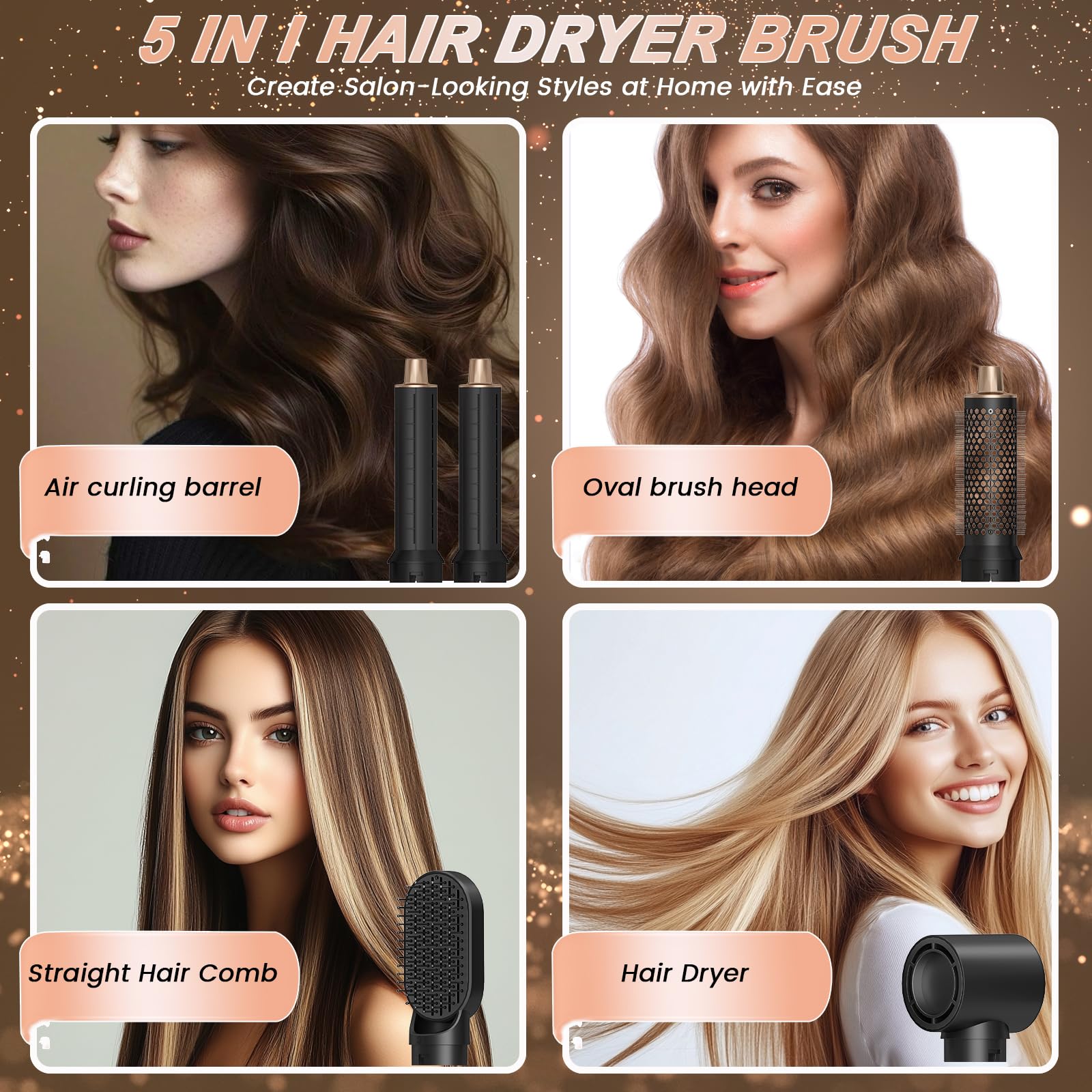 5-in-1 Haarstyler und Warmluftbürste, Lockenstab mit Negativ-Ionen-Technologie, Föhnbürste zum Trocknen, Locken, Glätten und Stylen, Haarstylinggeräte für den Heimgebrauch (Black)