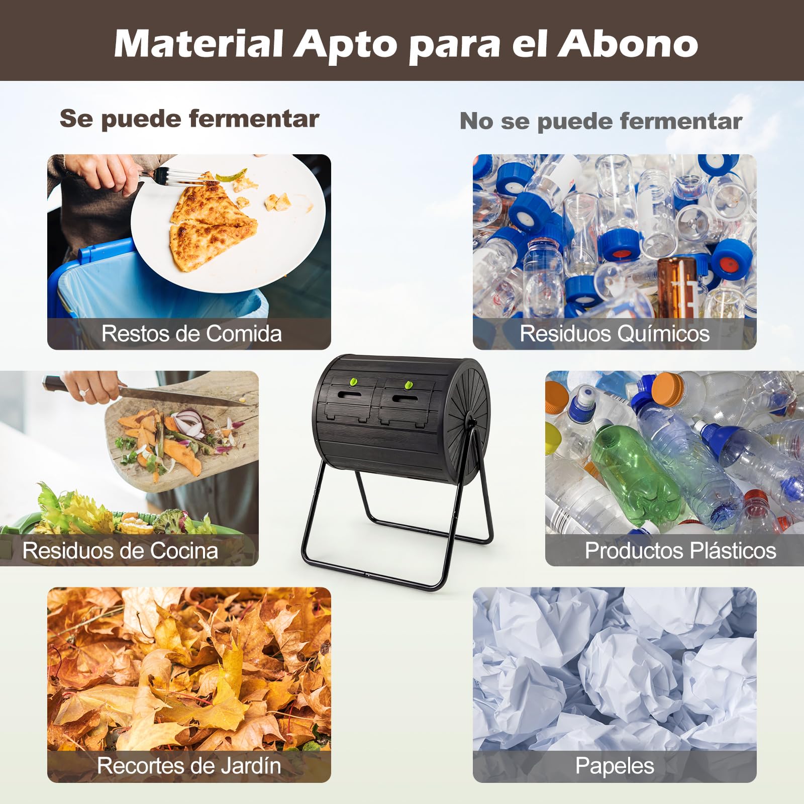 COSTWAY Compostador Giratorio 142 L, Contenedor de Compostaje con Doble Cámara, 2 Puertas Bloqueables, Rotación de 360°, Jardinero Cocina Patio Granja, sin BPA (Negro)