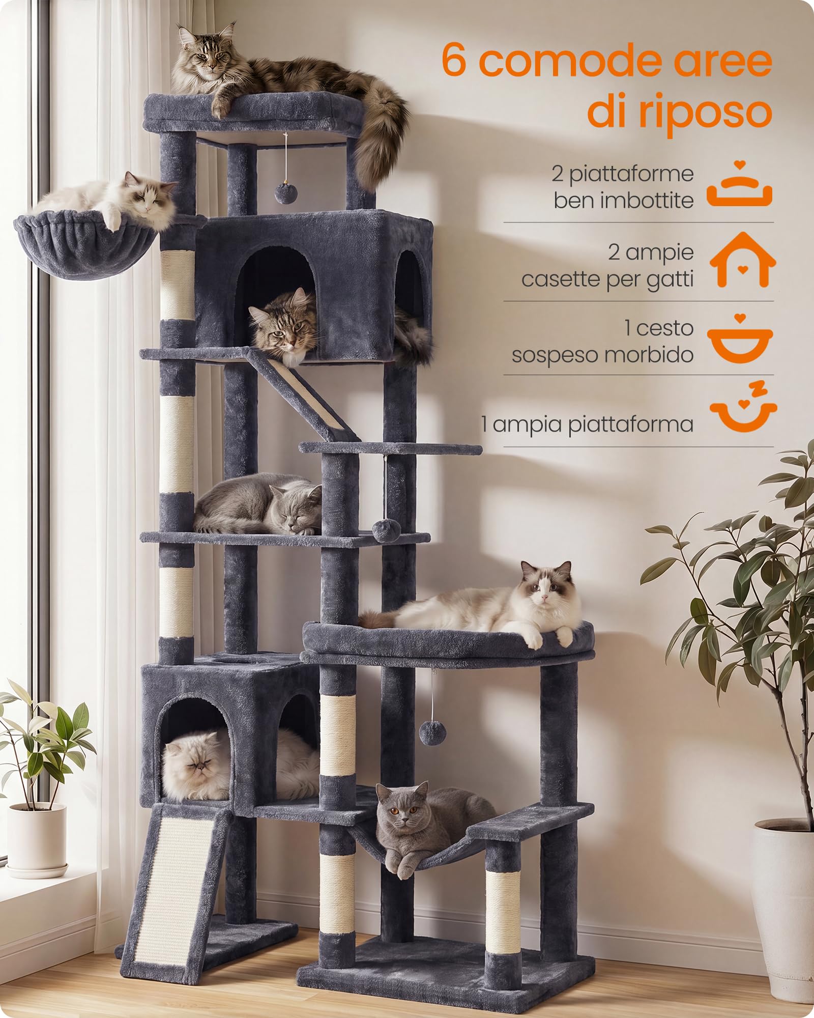 Feandrea Albero per Gatti XXL, Torre Tiragraffi in Sisal con Doppia Base, 6 Aree di Riposo, 133,5 x 67,5 x 202 cm, Grigio Scuro, per Gatti Grandi, Collezione Clawfy PCT020G201
