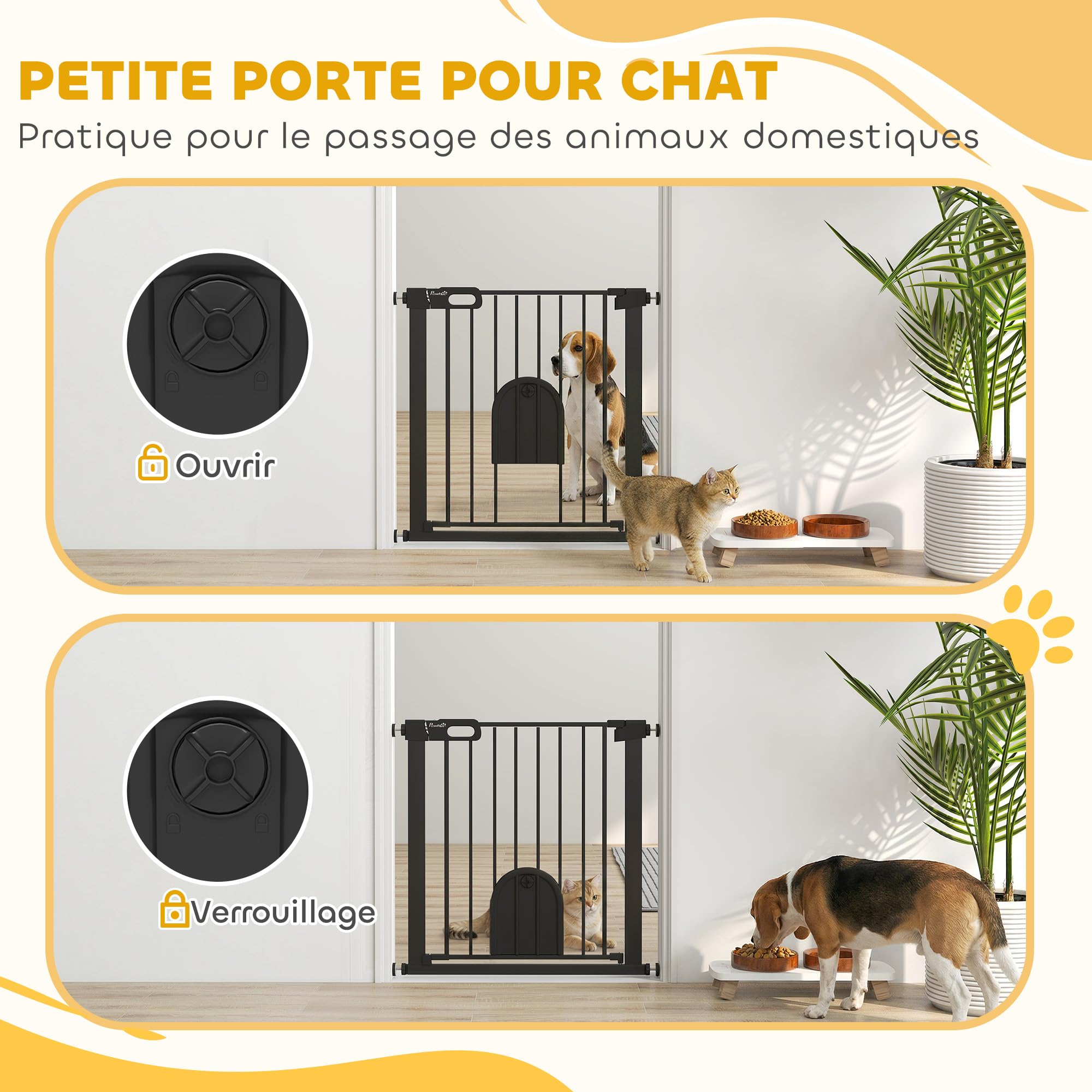 PawHut Barrière de sécurité Animaux de 76H cm barrière Chien Chat avec Porte Fermeture Automatique système de Double Verrouillage Fixation par Pression de 75 à 82 cm Acier et ABS Noir