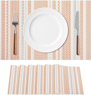 FAVE Boho Vinyl Placemats Set of 4, Durable Woven Place Mats Washable Heat Resistant PVC Table Mats for Parties,Weddings, Dining,Banquet(Orange, 4PCS)