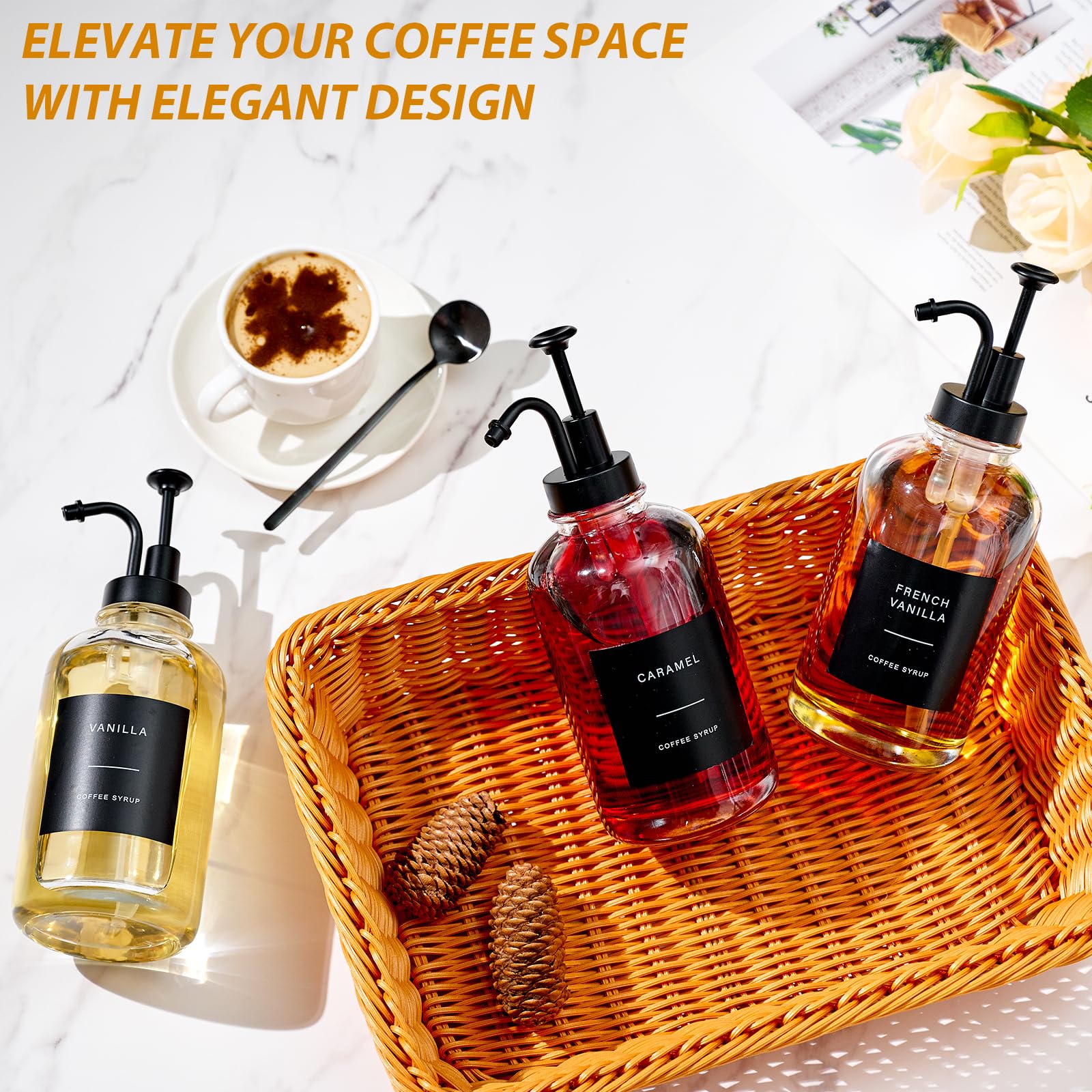 Dispenser per sciroppo di caffè per bar, Dispenser per sciroppo di vetro con pompa, Dispenser per sciroppo di caffè Bottiglia con vassoio, Cucchiaio per stazione caffè, Organizzatore per bar