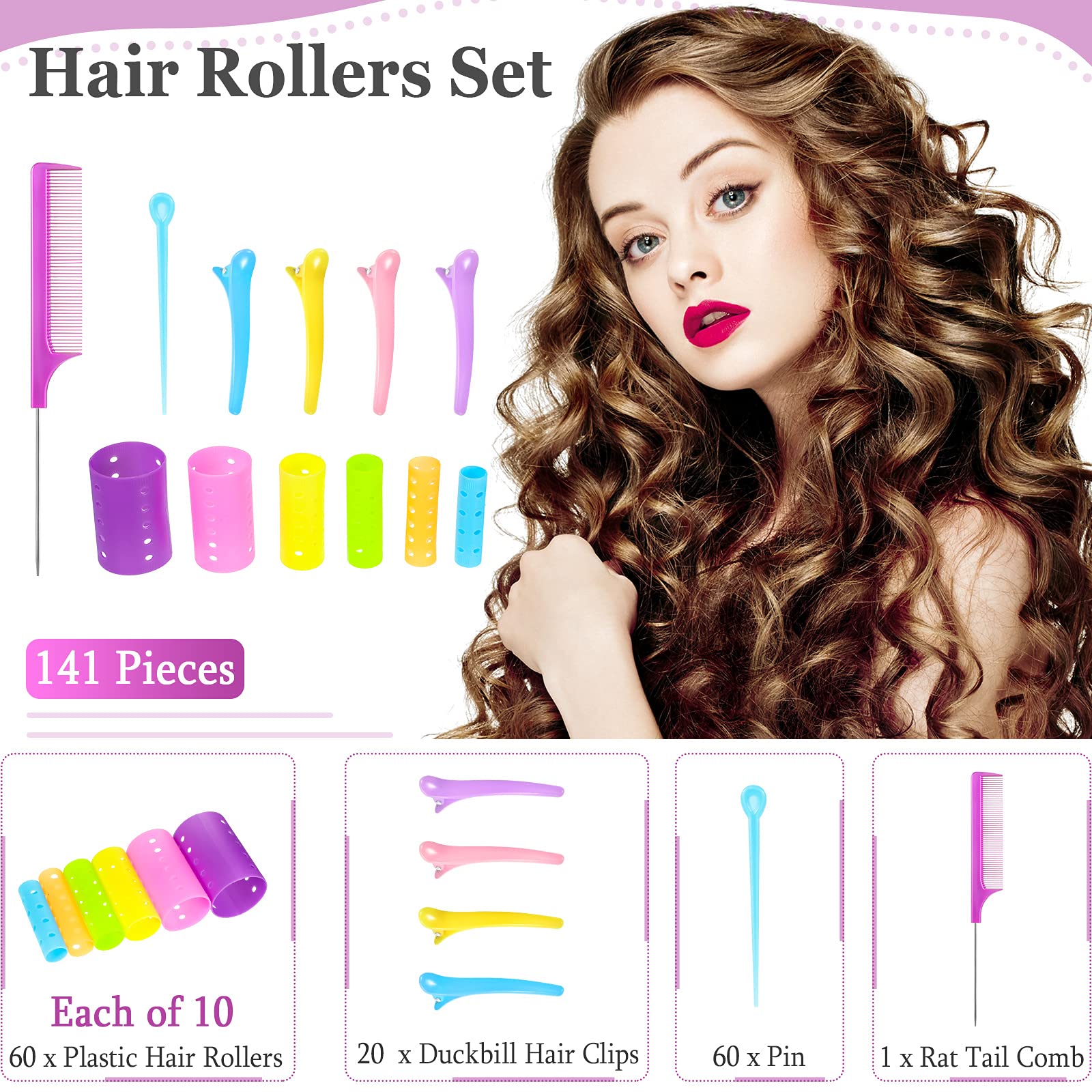 Juego de 141 rodillos para el cabello, incluye 60 rodillos de plástico de tamaños mixtos con 60 pines, 20 pinzas de dientes de pato y peine de cola de rata, herramientas de rizadores de 3