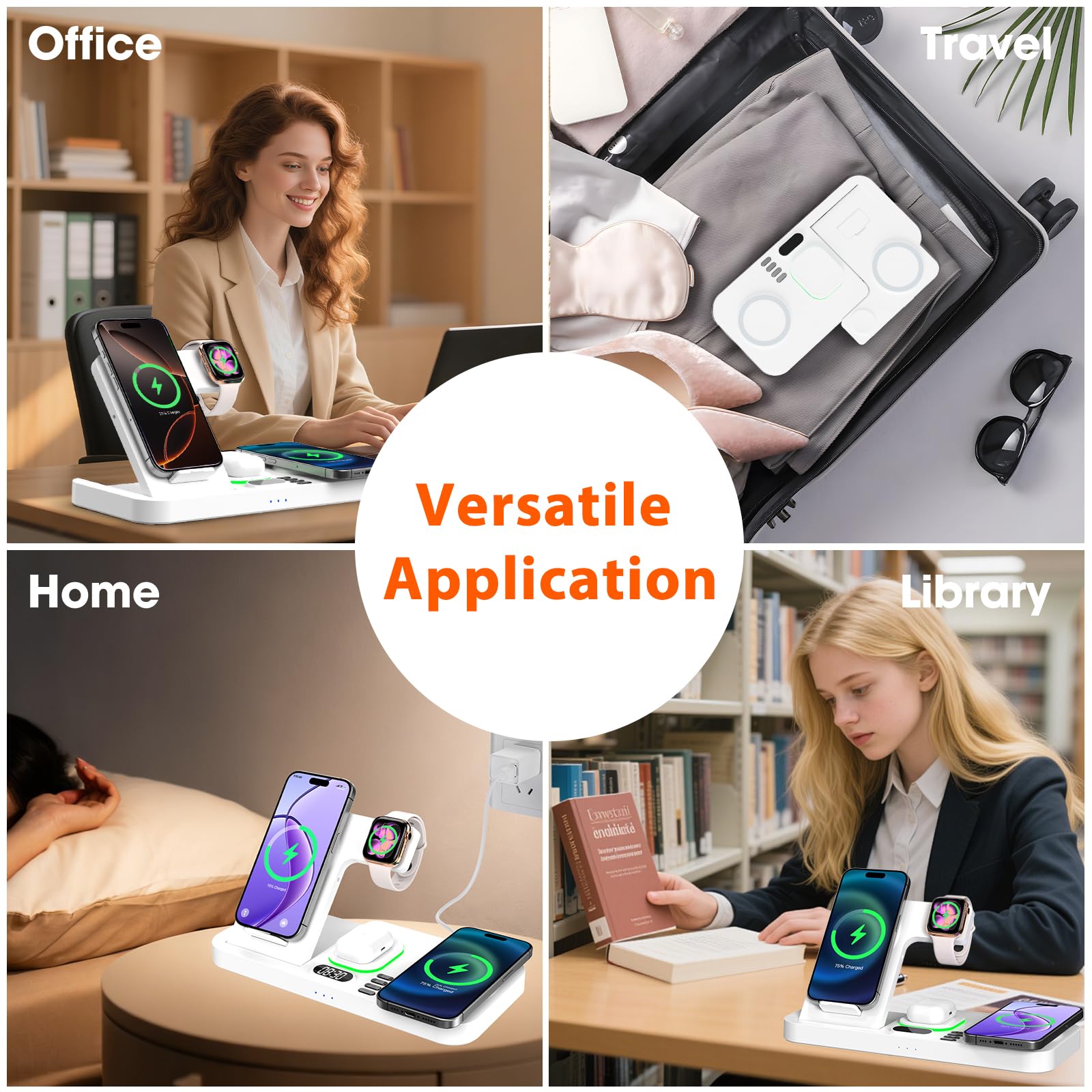 Station de charge magnétique sans fil double pour appareils Apple, éclairage automatique 7 couleurs et horloge 12 h, chargeur multi-appareils pour iPhone 17/16/15, pour iWatch 11/10/9 et