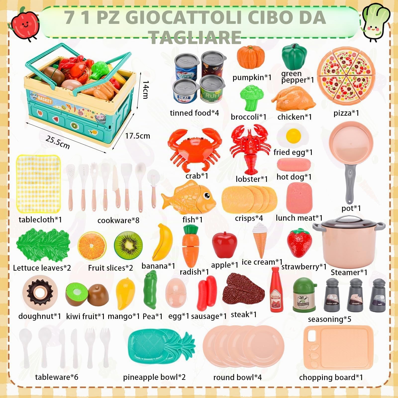 Accessorio da cucina per bambini, 72 pezzi, Dinette per bambini, cucina per bambini, set di ruolo da chef e cucine con cesto da picnic e regalo per bambine 3 4 5 6 7 anni