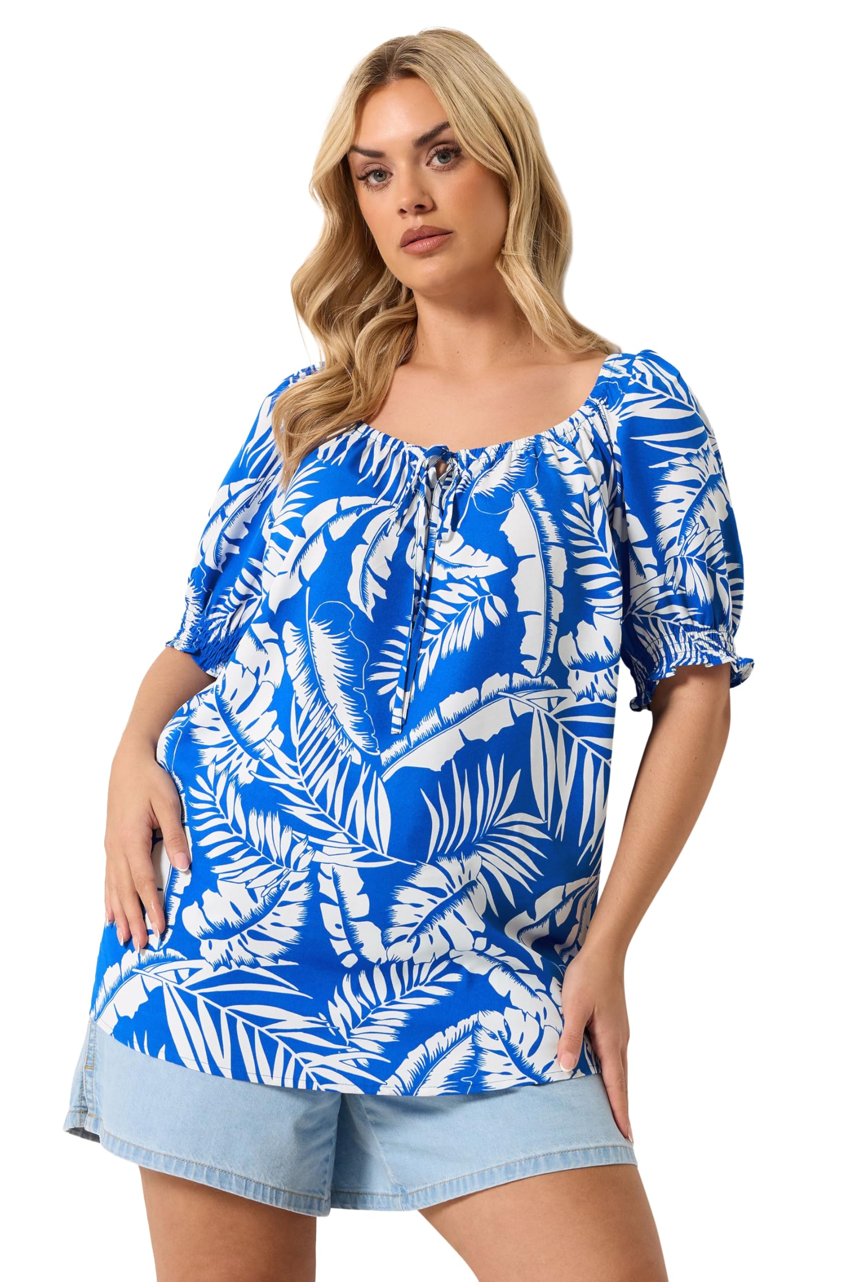 Yours Women's Blue Palm Leaf Tie Neck Blouse In | Size: 22-24
