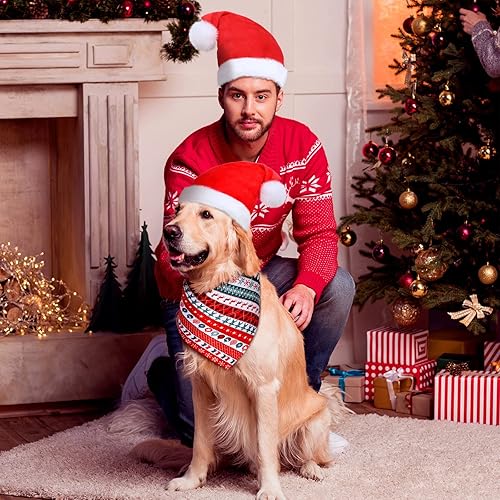 Miniatura 7 de Juego de 4 pañuelos navideños para perros, bufanda triangular ajustable para mascotas y 2 sombreros de Papá Noel para perros, gatos, patrones de