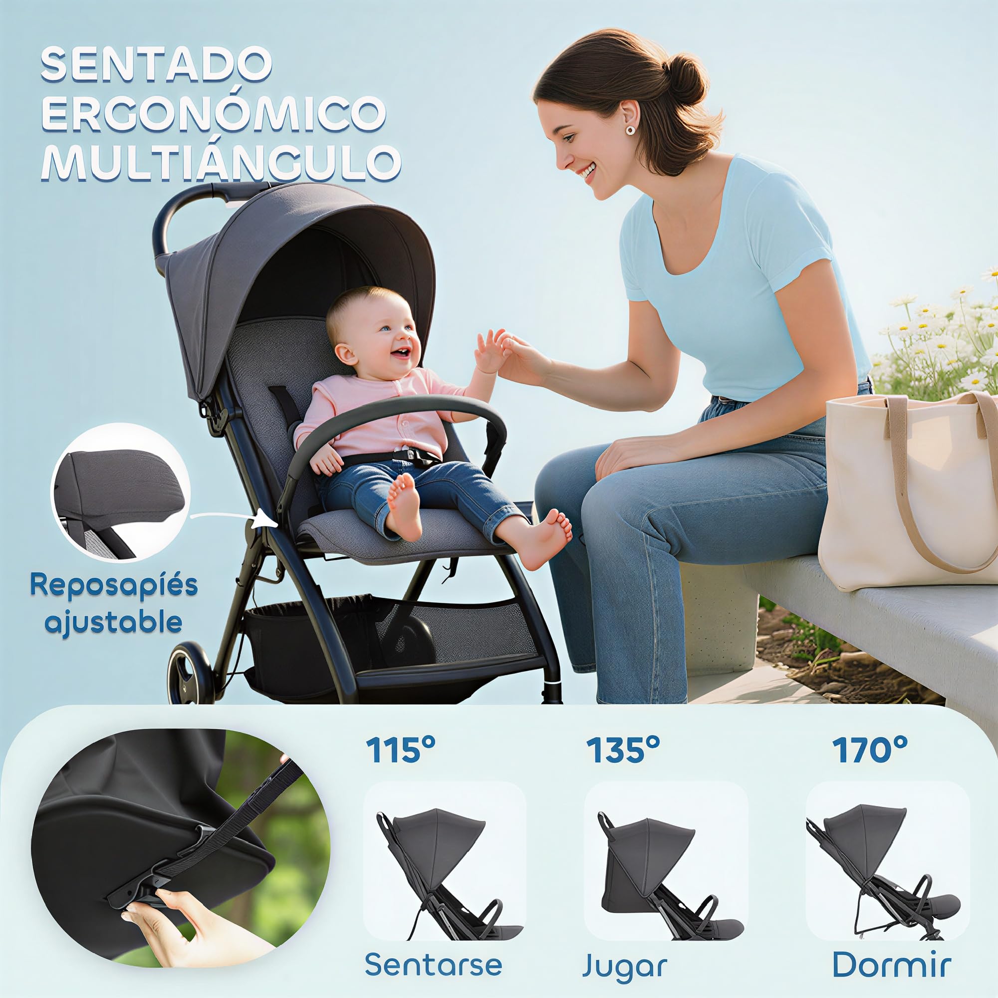 AIYAPLAY Silla de Paseo Ligera Plegable con Respaldo Reclinable | Con Reposapiés Ajustable, Capota, Arnés de 5 Puntos, Cesta y Soporte hasta 15 kg