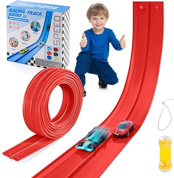 Flexible Race Track for Kids - 15 Ft Flex Track Race Car Tracks with Car Ramp Toy, Fit for Monster Truck Track & Kids Play Cars, Race Tracks for Toddlers 1-3, Portable Racetrack Red