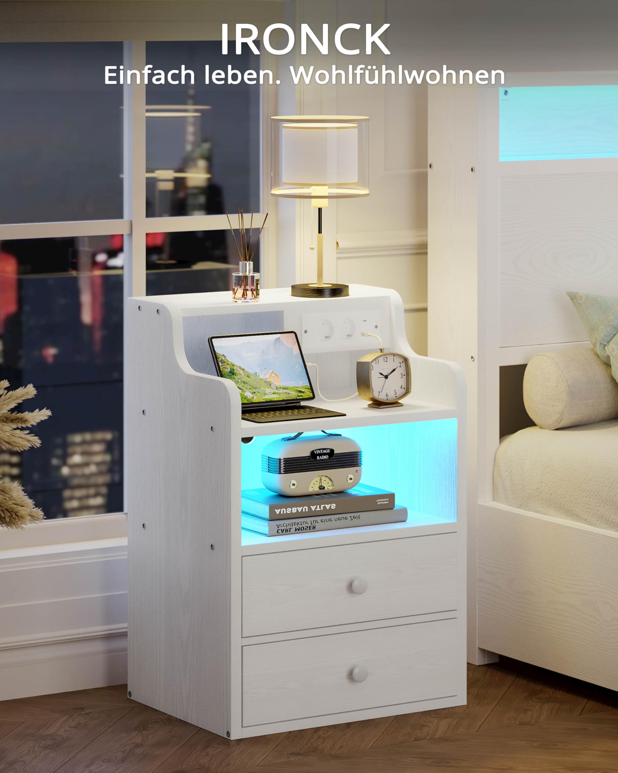IRONCK Nachttisch LED mit Steckdose und Ladefunktion, Beistelltisch Holz, Nachtschrank mit 2 AC, 1 USB& 1 Type-C Anschlüsse, Sofatisch mit 2 Schubladen, Nachtkästchen Wohnzimmer,Schlafzimmer, Weiß