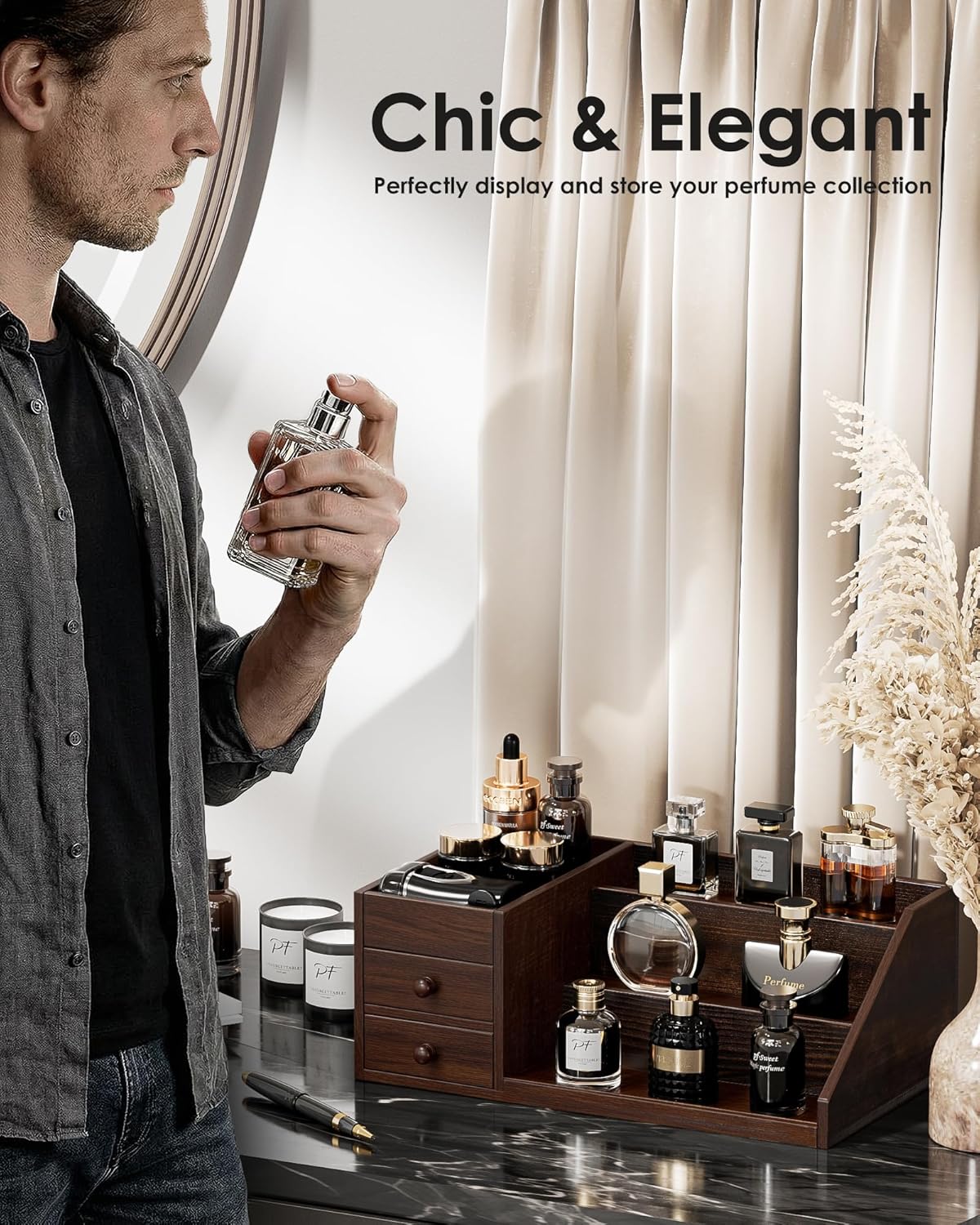 ProCase Wooden Cologne Organizer for Men, 3-Tier Elevated Wood Perfume Storage Display Shelf with Drawers, Dresser Storage Stand Riser for Fragrance Skin Care, Gift for Boys Men Dad Husband -Brown - Image 6