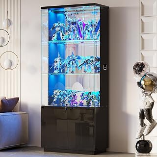 Lvifur 71" Glass Curio Display Cabinet with Motion Sensor Lights, Lockable Tempered Glass Doors, Shelves & Drawers - Black Display Case for Collectibles