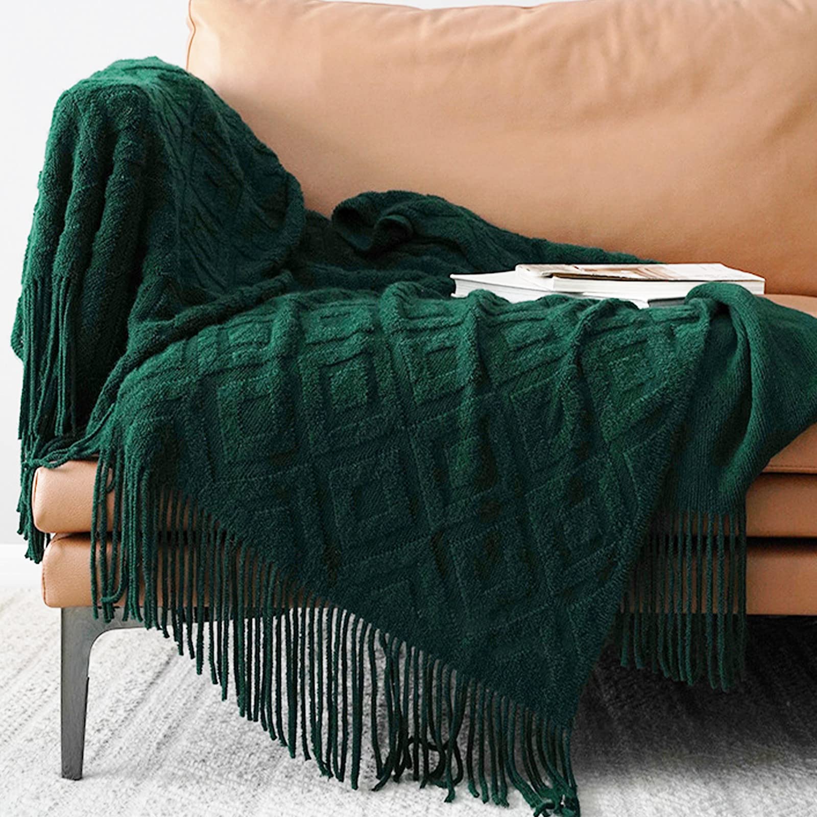 LumiSyne Knitted Throw Blanket Fringes Tassels Solid Color Jacquard Diamond Pattern Lightweight Soft Throws Armchair Cover Decorative Blanket For Couch Sofa Bed Settee 170x130cm