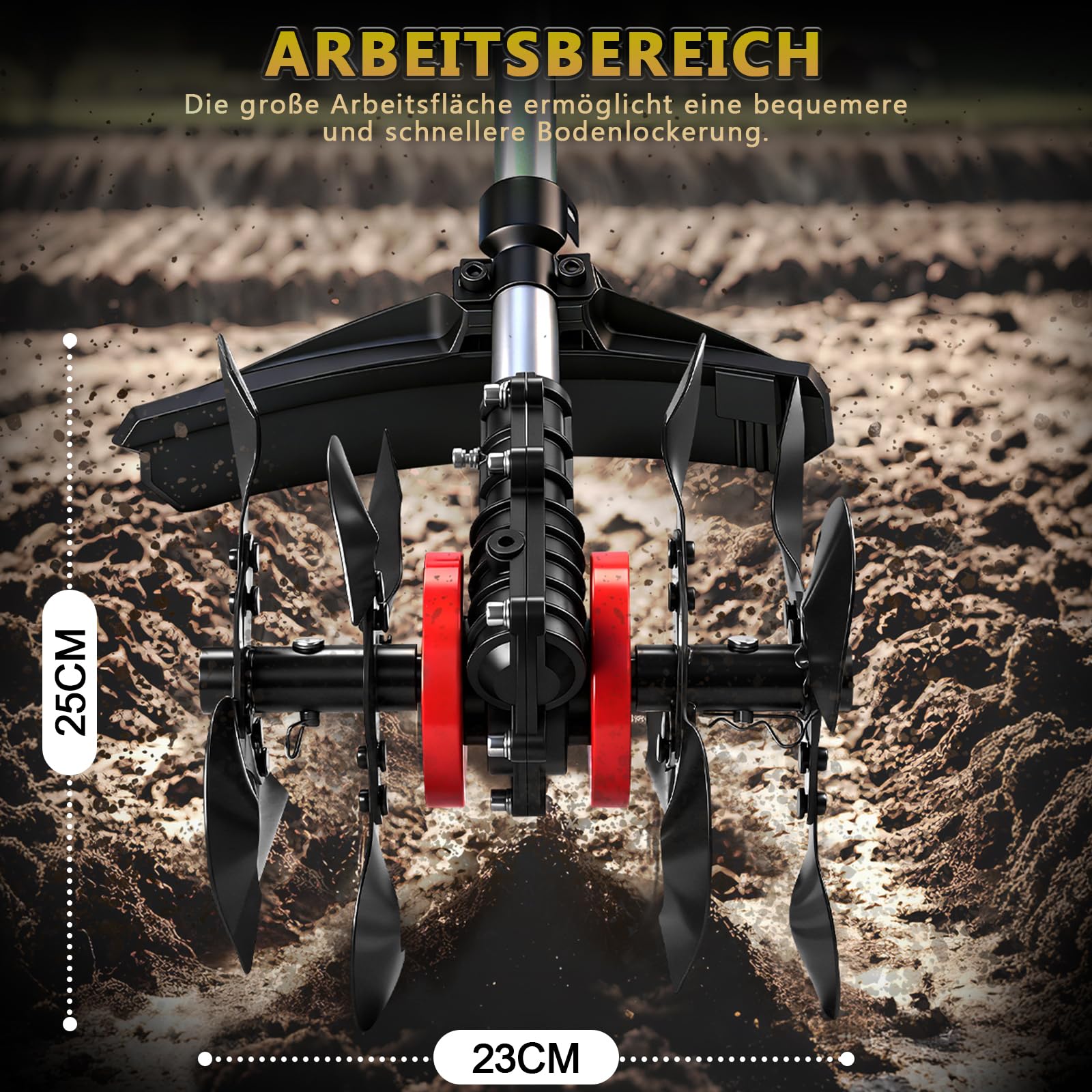 2-In-1 Akku-Bodenhacke Motorhacke mit 2 Akkus | Elektrisch Bodenfräse | 680 U/Min Bürstenloser Elektro Gartenfräse mit Arbeitsbreite 23 cm und Arbeitstiefe 25 cm für Rasen/Garten/Bodenbearbeitung