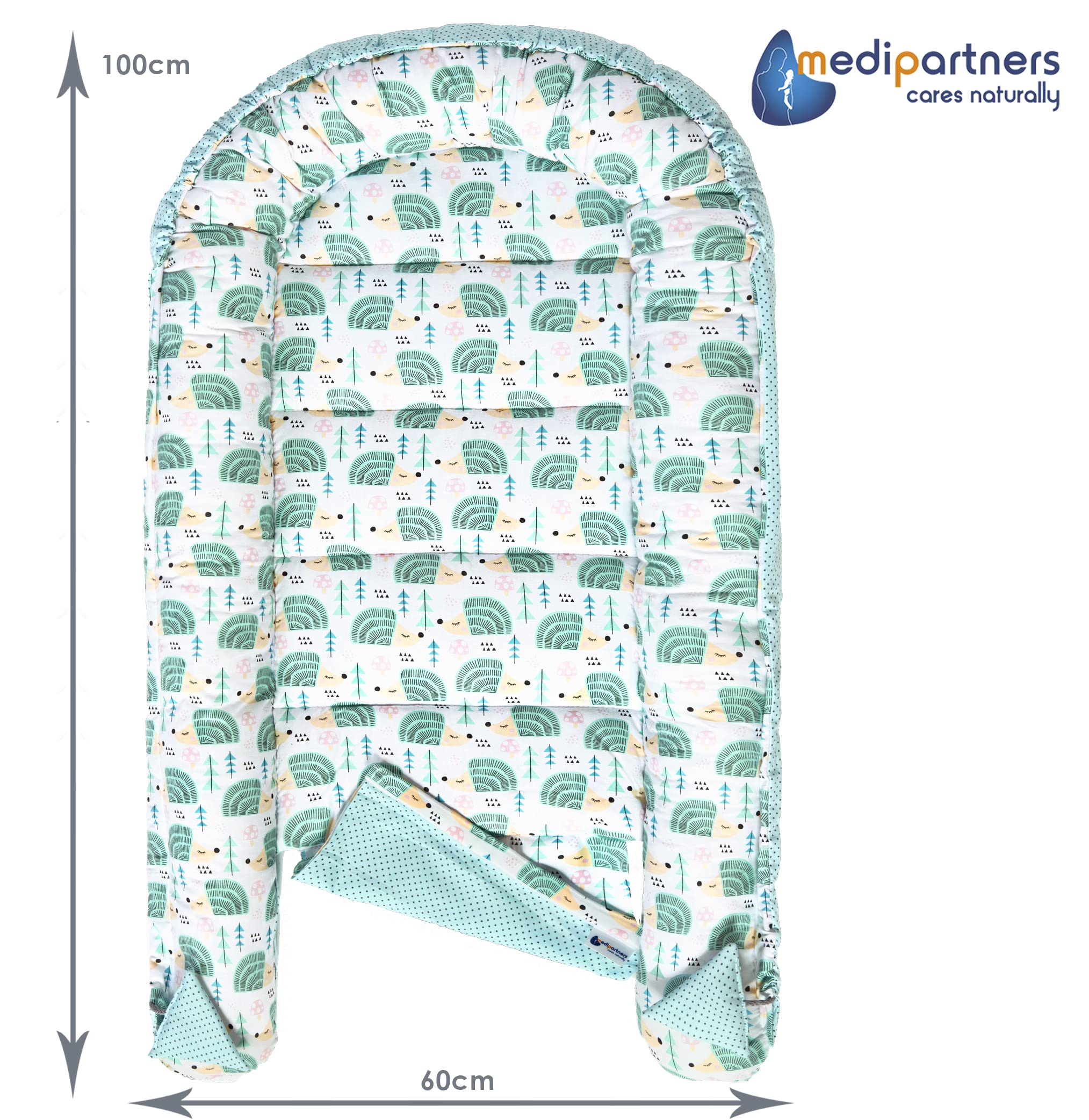Medi Partners 5-Parti Nido per Bebè 100x60x15 Inserto Rimovibile Letto Cuscino Coperta bambini neonati 100% Cotone (Ricci con Menta Minky)
