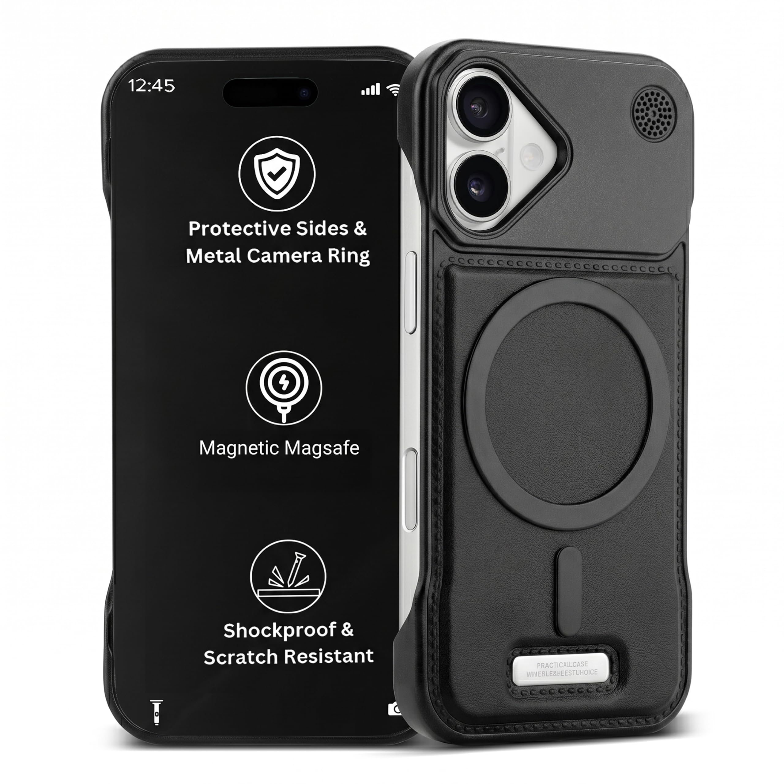 Caisles Frameless Metal Case Compatible with MagSafe Luxury Aluminum Frame with PU Leather Finish Magnetic Ring with Wireless Charging Shockproof Premium Slim Case (Black, iPhone 16)