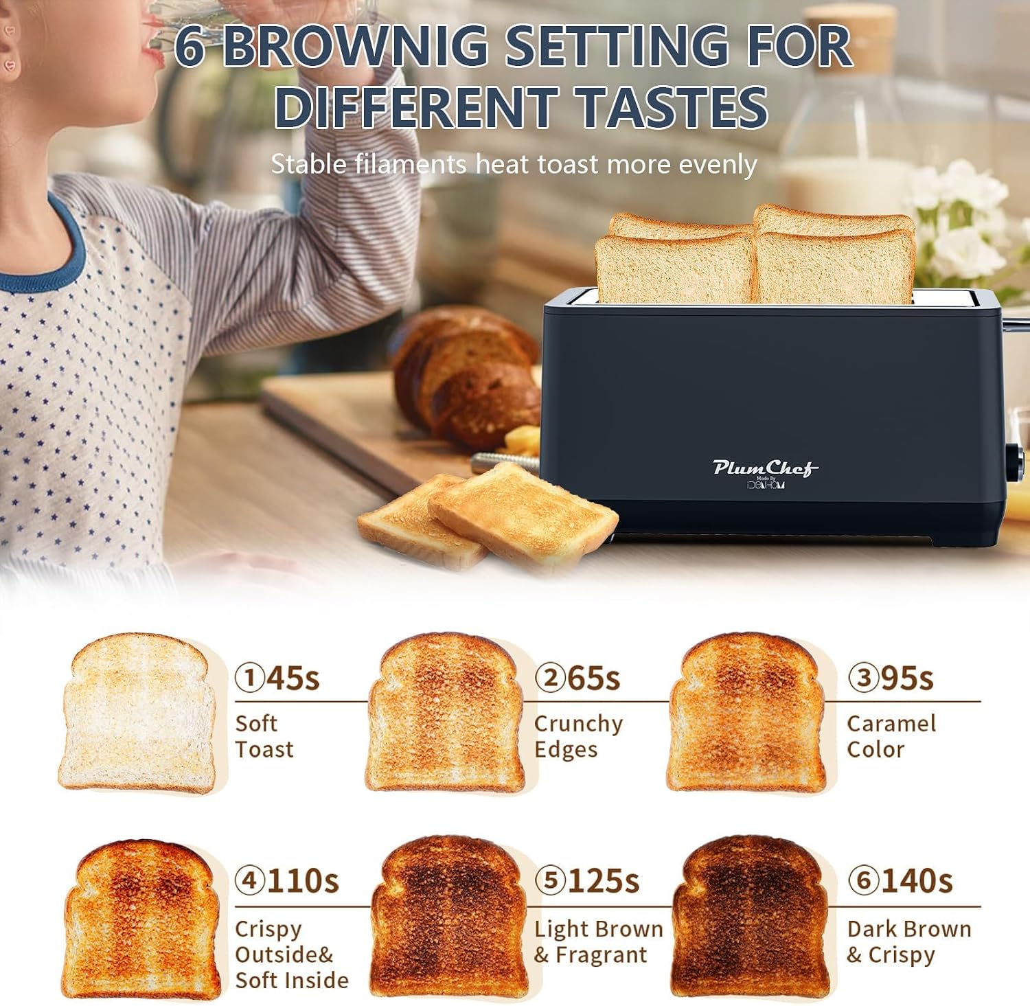 Plum chef 4-Slice Toaster, Extra Wide Long SIot Toaster, 6 Browning Settings, Bagel/Defrost/Reheat Functions, Removable Crumb Tray, Stainless Steel Housing 135oW (Black)