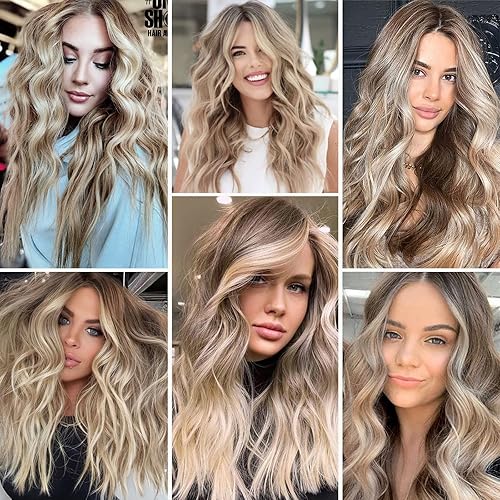 Miniatura 7 de Alanhair Peluca rubia con encaje frontal, pelucas naturales ombré para mujer, peluca sintética larga ondulada con raíces marrones, raya en medio,