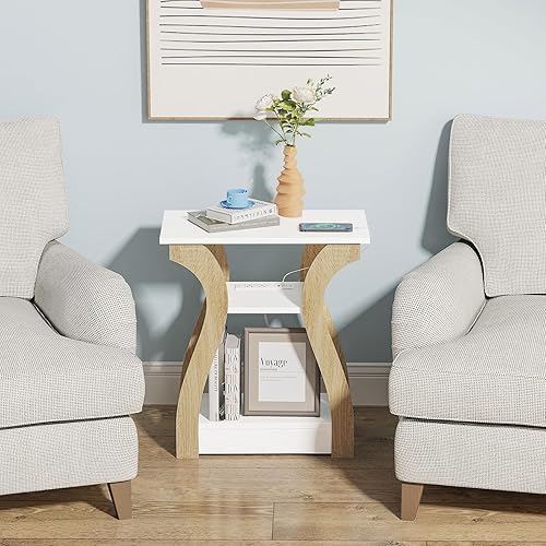 Miniatura 4 de FROMJBEST Mesa auxiliar con estación de carga, mesa auxiliar con puertos USB y tomacorrientes, mesita de noche, mesa auxiliar de 3 niveles con