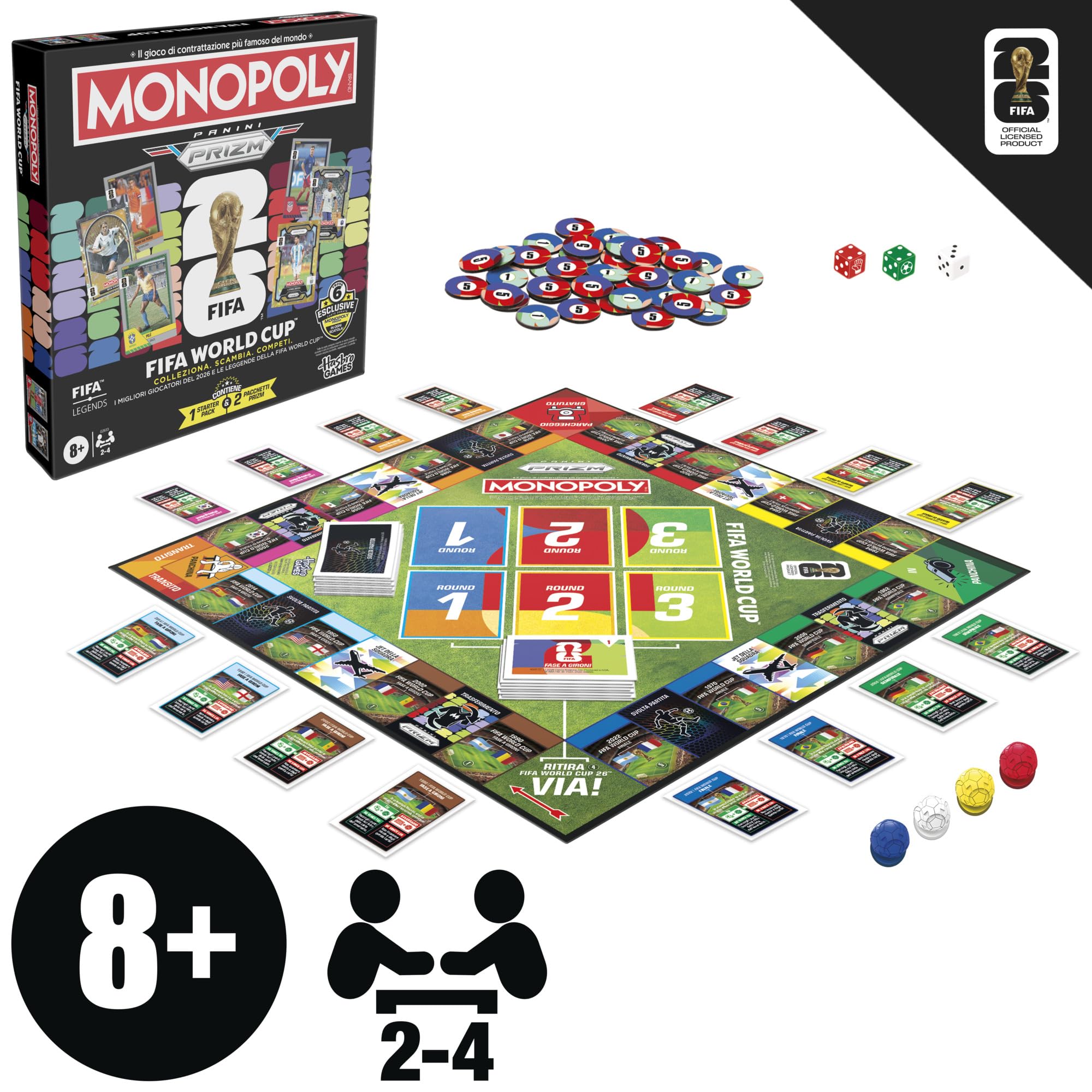 Monopoly Panini Prizm: FIFA World Cup I Gioco da tavolo a tema calcio con carte collezionabili Monopoly Panini Prizm FIFA World Cup 2026 I Dagli 8 anni in su - Versione italiana