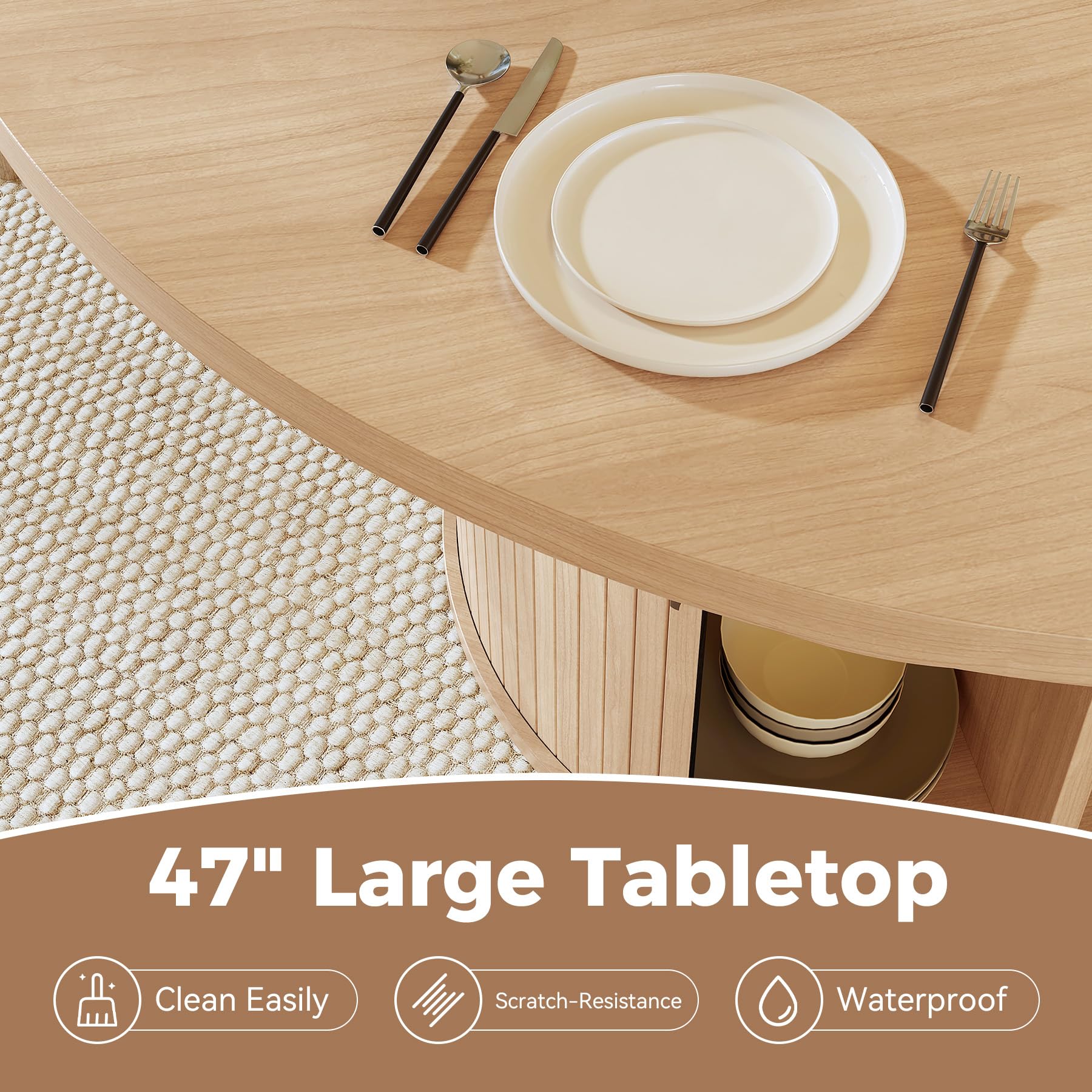 Hawthyhome Runder Esstisch 120cm mit Stauraum, Moderner Küchentisch mit Schiebetür & Lamellen-Optik, Esszimmertisch 4-teilige Holz Tischplatte, Rundtisch für Wohnzimmer, Küche, 2-6 Personen[Holzfarb]
