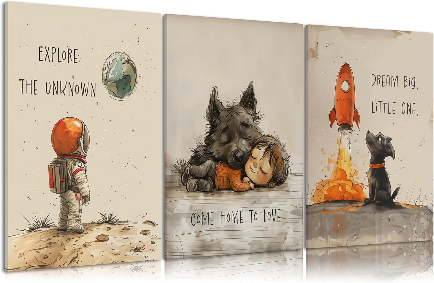 Vintage Astronaut Nursery Canvas Wall Art Space Explore Picture Wall Decor Dream Big Little One Poster Cute Dog Toddler Painting Print Artwork for Kids Boys Room Bedroom Playroom Decor, Framed Canvas 24L"x16W"