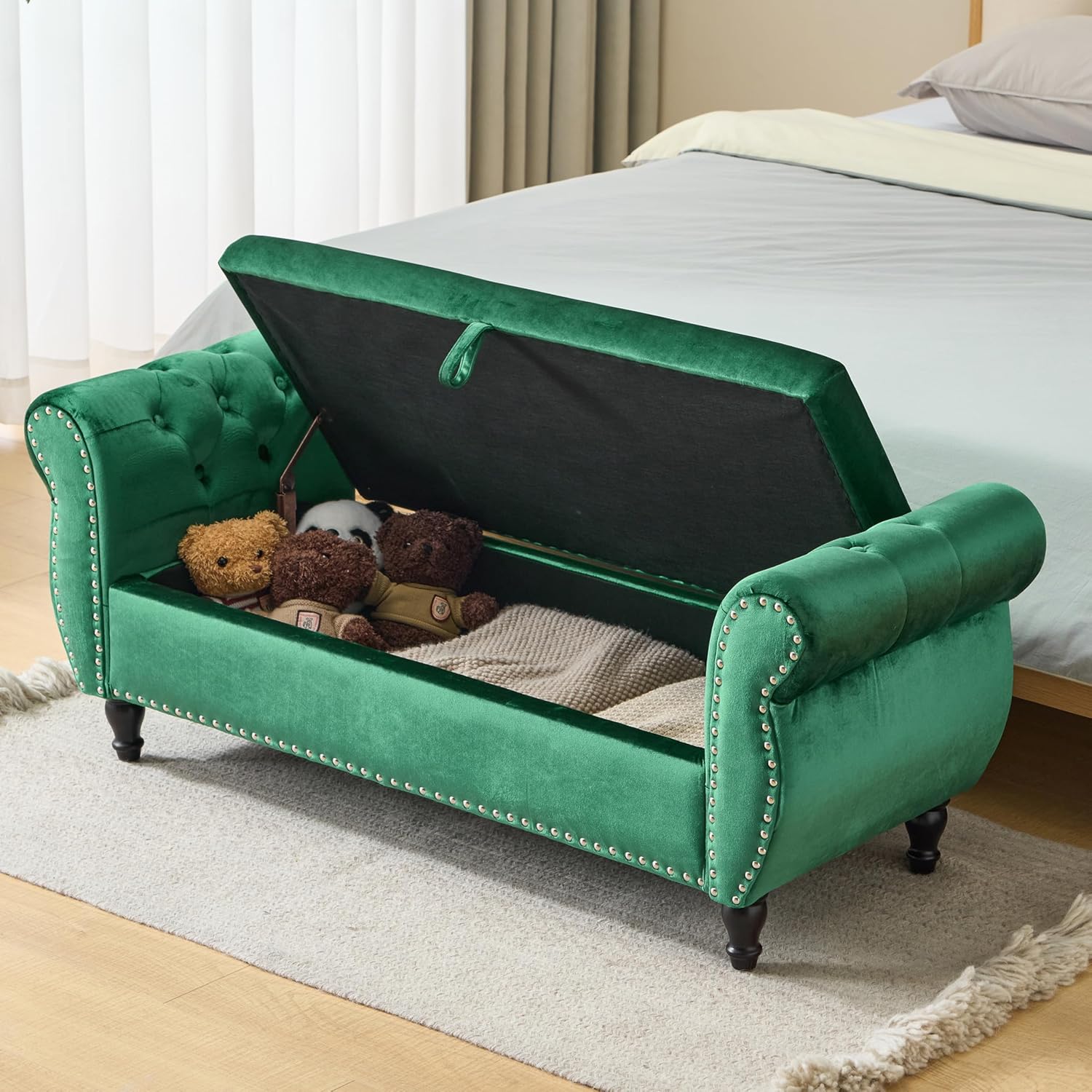 Christopher Knight Home Berwin Velvet Storage Ottoman Bench, Wooden Rectangular Ottoman with Storage, Bedroom End of Bed Bench, Entryway Ottoman Foot Rest, Living Room Extra Seat, Emerald