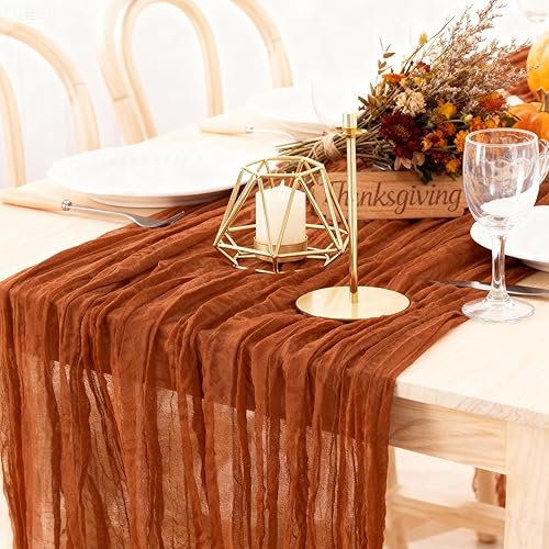 Vista 52 de MLMW Paquete de 6 manteles de gasa color dorado champán, estilo bohemio, de gasa rústica, para boda, 160 pulgadas, 13.3 pies de largo para fiestas