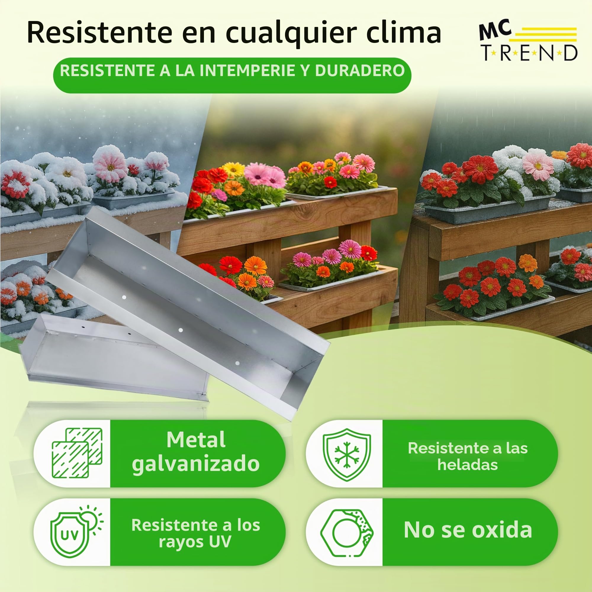 MC-Trend Macetero para palés europeos, metal galvanizado, resistente a la intemperie y a la corrosión, con agujeros de drenaje, 38,1 x 13 x 9 cm, 247 g, resistente a los rayos UV, apilable, varios