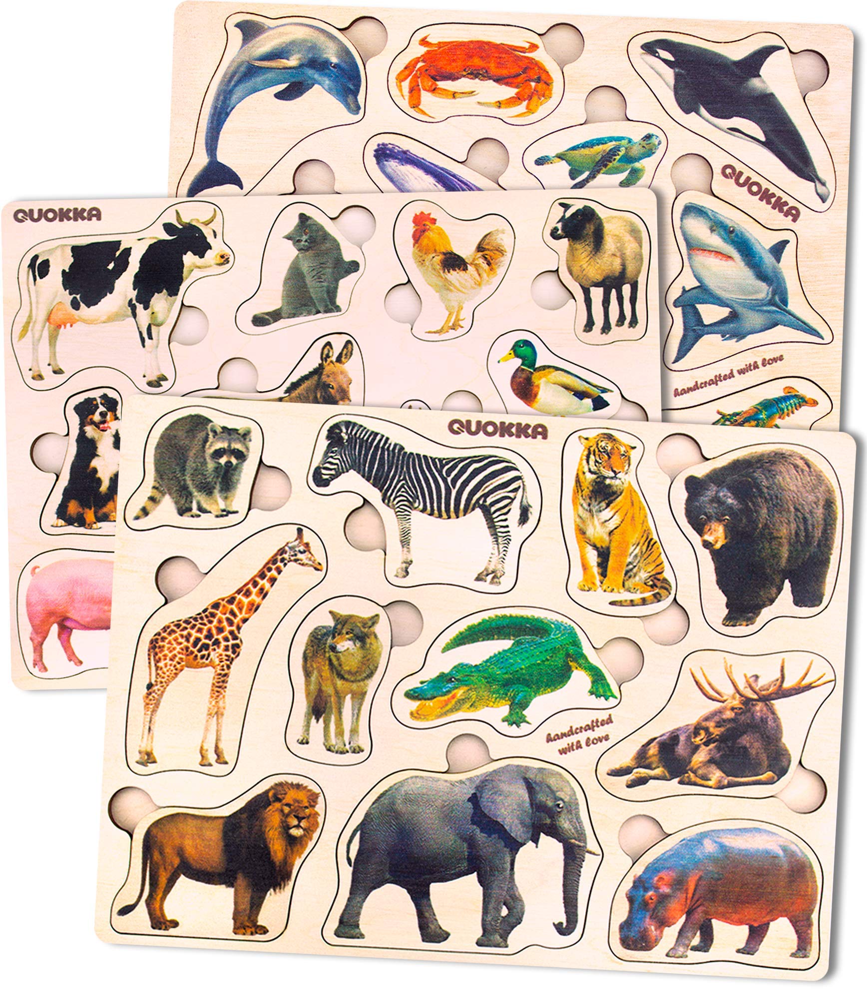 Quokka Wooden Puzzles for Toddlers 1 2 3 Year Olds - 3 Pack - Kids and Babies Matching Game for Learning Shapes Real Animals Sea Creatures Educational Wood Preschool Toys for Boys and Girls Ages 1-3