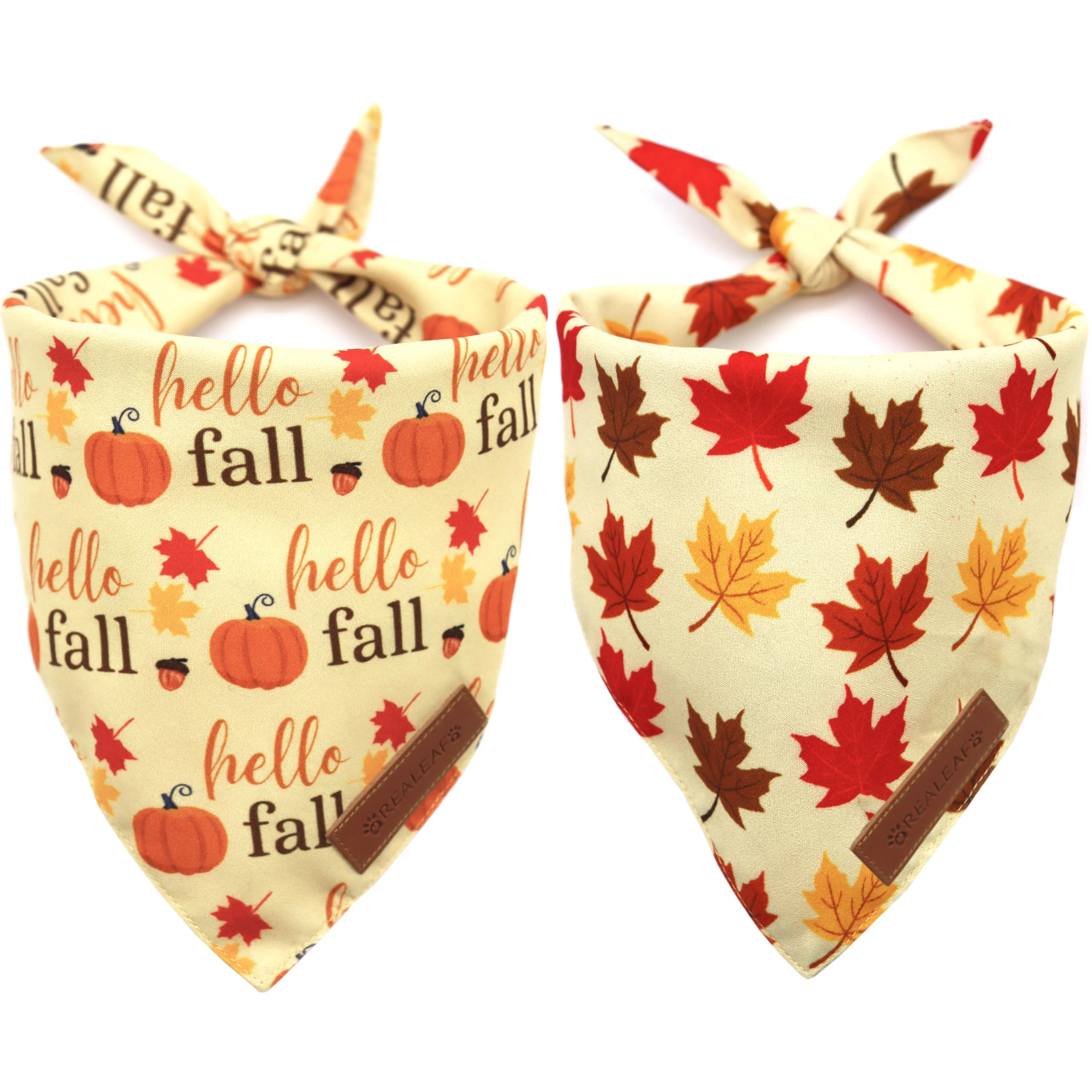 Realeaf Fall Dog Bandanas 2 Pack, Orange Pumpkin and Leaf Print Pet Scarf for Boy and Girl, Premium Durable Fabric, Holiday Bandana for Large and