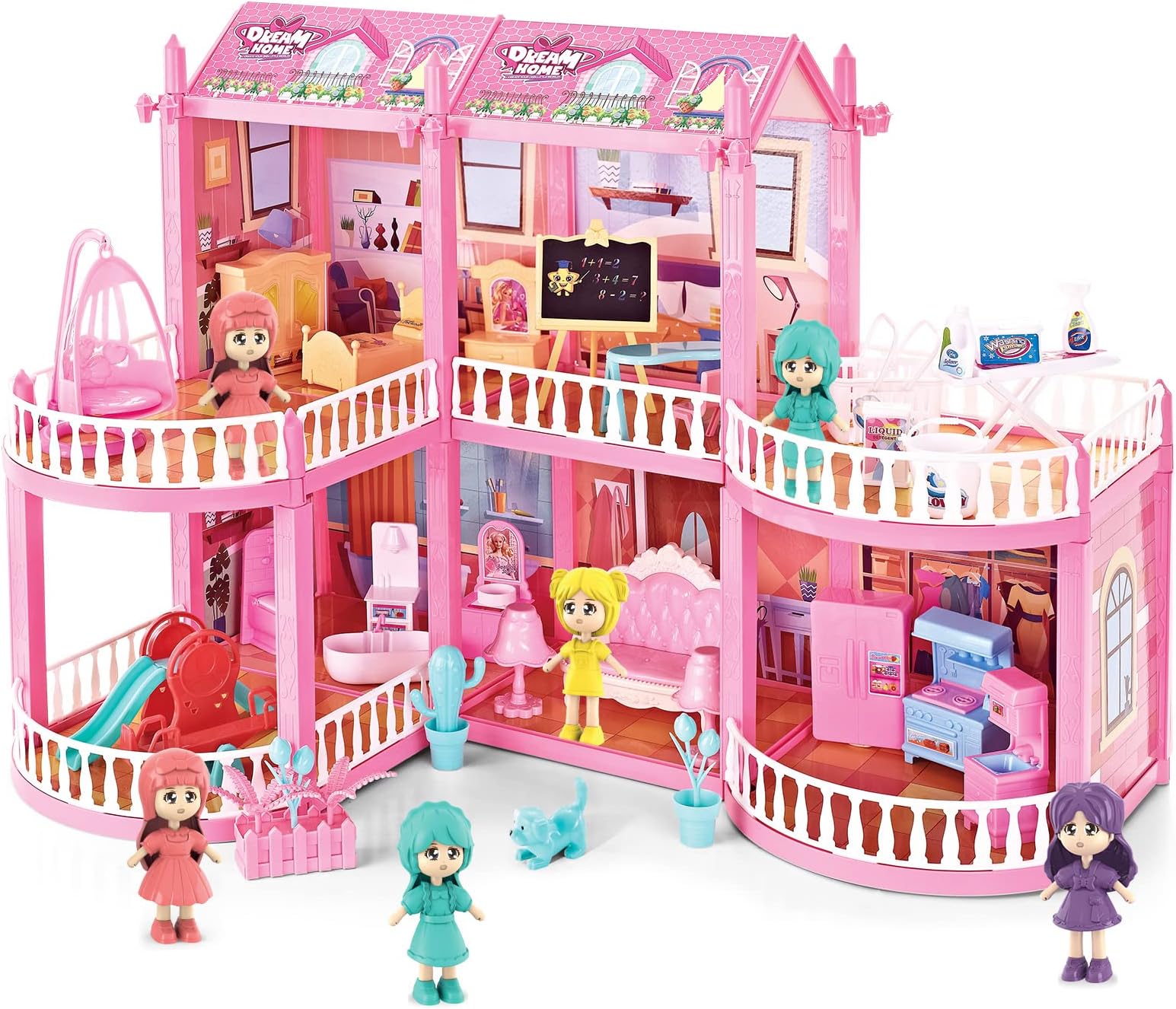 deAO Dollhouse with 6 Doll, Dollhouse for Girls, Kids Pink Story Castle Dolls House Playset Included Furniture & Accessories, Princess Castle Playset Gift for Girls Boys