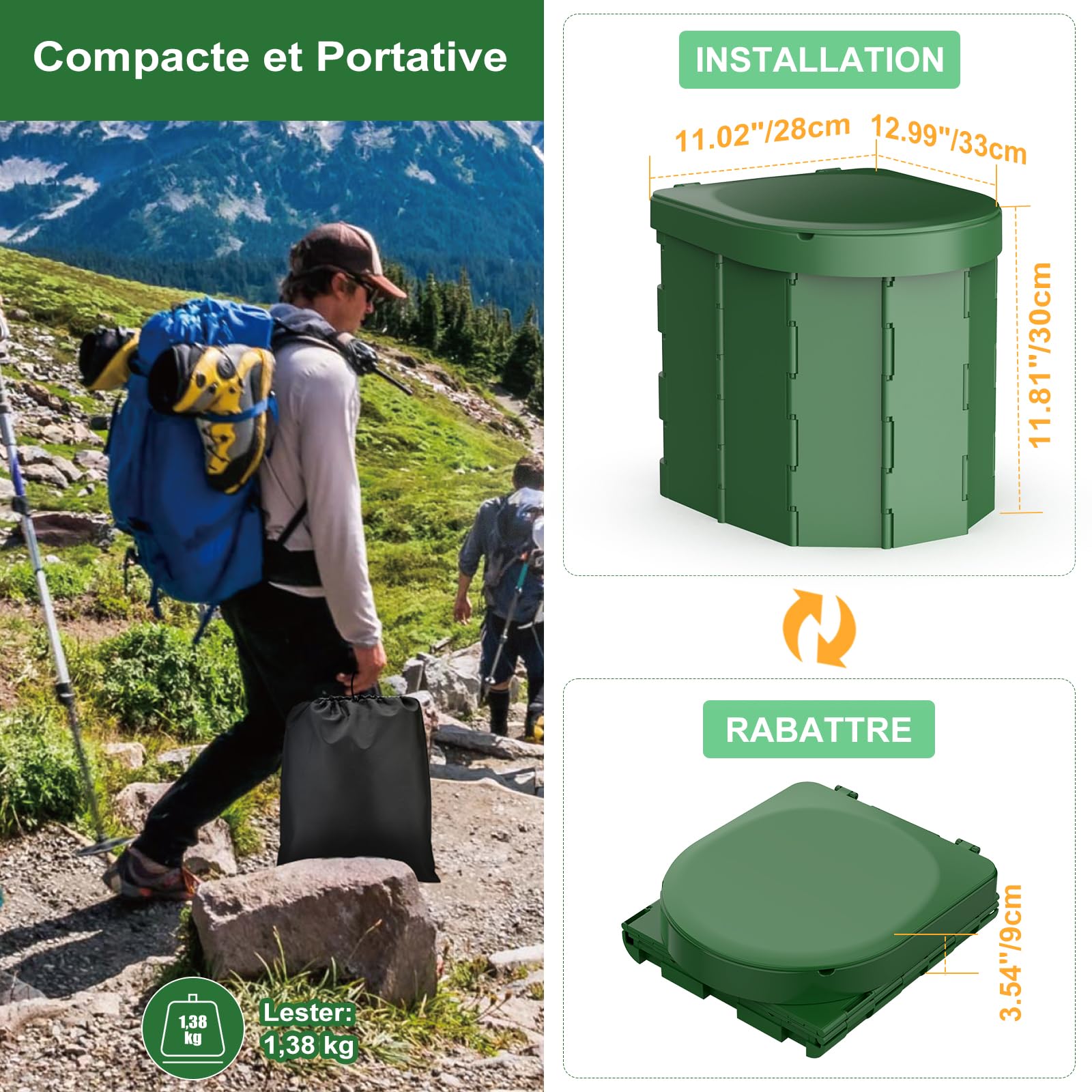 WADEO Toilettes de Camping Portables, Toilettes Pliantes pour Adultes, Toilettes de Camping Mobile avec Couvercle et Porte-Papier Toilette, pour Camping, Voyages, Embouteillages (Vert Foncé)