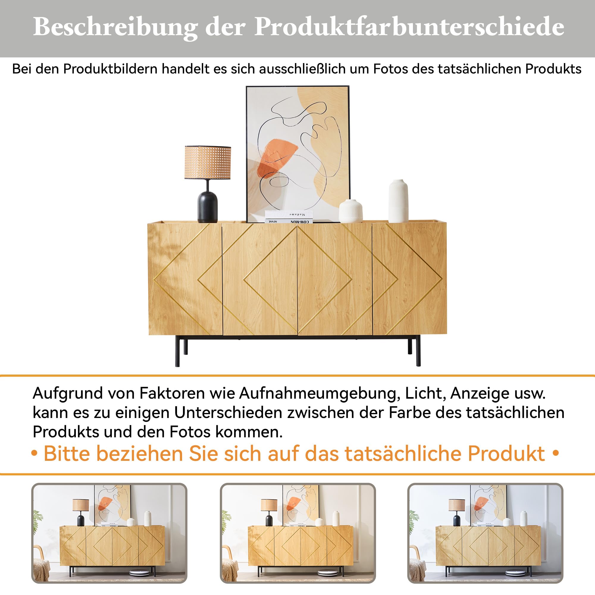 Merax Sideboard Holz Kommode mit 4 Türen,rustikal Sideboard Küchenschrank Buffet,Anrichte Beistellschrank Standschrank,Naturholz, H78/B160/T40 cm