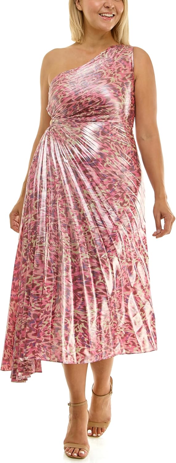 Nicole Miller New York Women's Midi Dress One Shoulder Pleated Satin